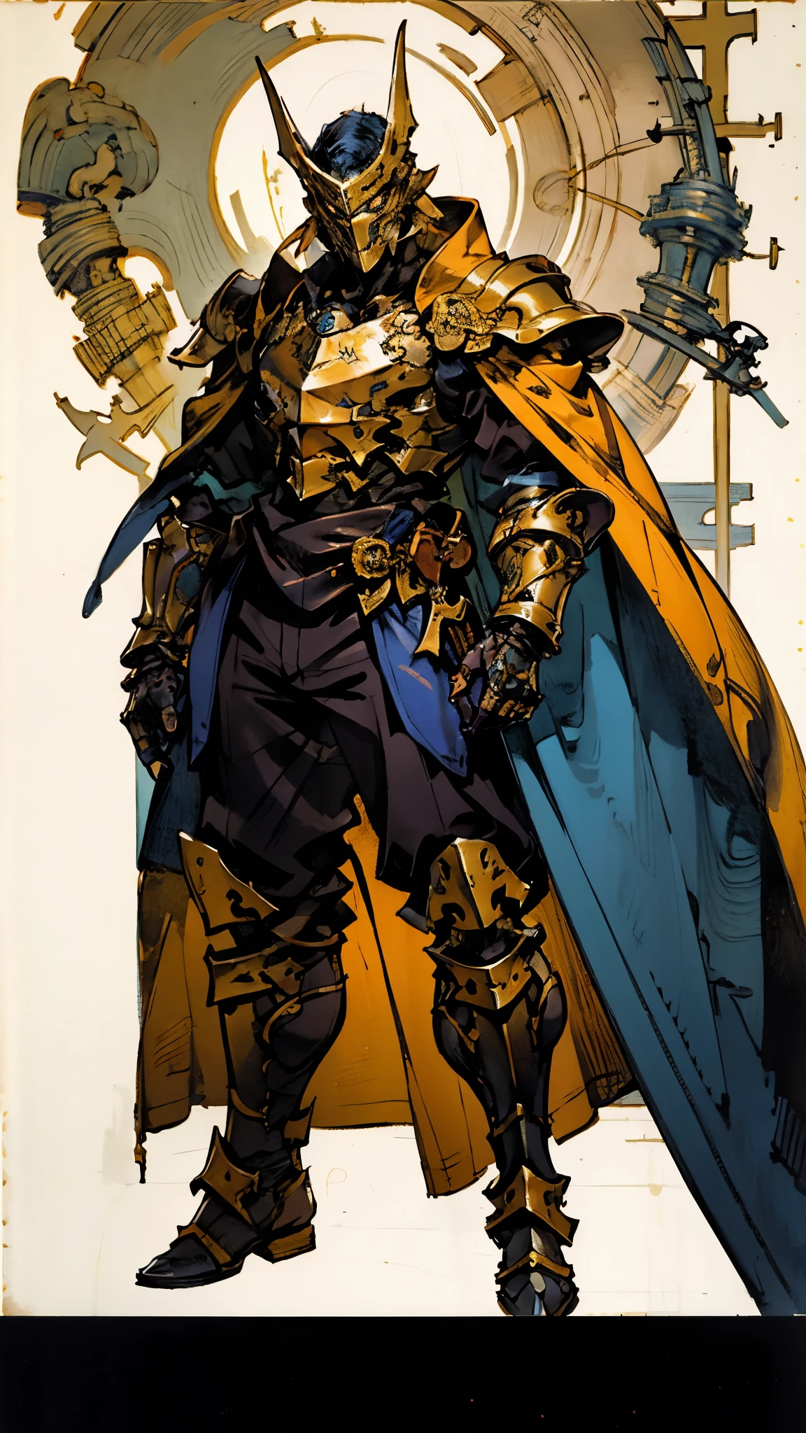 A man with short golden hair slicked back, his face entirely obscured by a Dynastinae concept mask, full mask, cold gaze, clad in an indigo blue fantasy-style Dynastinae concept chest plate, his arms and legs are clad in matching armor, he wears a white undershirt and trousers with golden stripes, standing within a magnificent fantasy-style palace, this character embodies a finely crafted fantasy-style masked light armor warrior in anime style, exquisite and mature manga art style, high definition, best quality, highres, ultra-detailed, ultra-fine painting, extremely delicate, professional, perfect body proportions, golden ratio, anatomically correct, symmetrical face, extremely detailed eyes and face, high quality eyes, creativity, RAW photo, UHD, 32k, Natural light, cinematic lighting, masterpiece-anatomy-perfect, masterpiece:1.5