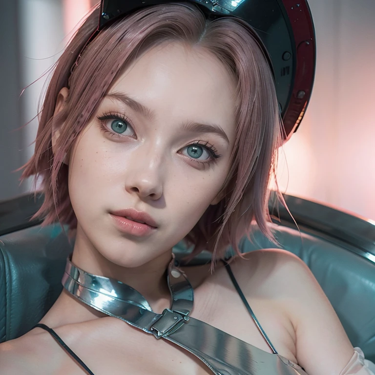 young woman, short shoulder-length pink hair, wide forehead, porcelain skin, pink eyebrows, big emerald green eyes, buttoned nose, full lips, heart-shaped face, slender body, small breasts, red tank top, Sakura Haruno , realistic, realism, details, 3d, well detailed