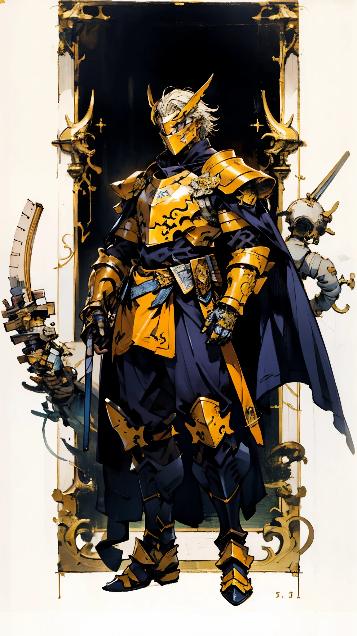 A man with short golden hair slicked back, his face entirely obscured by a Dynastinae concept mask, full mask, cold gaze, clad in an indigo blue fantasy-style Dynastinae concept chest plate, his arms and legs are clad in matching armor, he wears a white undershirt and trousers with golden stripes, standing within a magnificent fantasy-style palace, this character embodies a finely crafted fantasy-style masked light armor warrior in anime style, exquisite and mature manga art style, high definition, best quality, highres, ultra-detailed, ultra-fine painting, extremely delicate, professional, perfect body proportions, golden ratio, anatomically correct, symmetrical face, extremely detailed eyes and face, high quality eyes, creativity, RAW photo, UHD, 32k, Natural light, cinematic lighting, masterpiece-anatomy-perfect, masterpiece:1.5