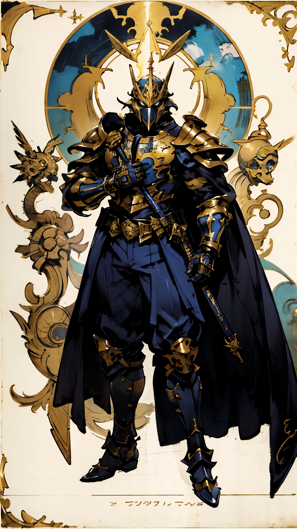 A man with short golden hair slicked back, his face entirely obscured by a Dynastinae concept mask, full mask, cold gaze, clad in an indigo blue fantasy-style Dynastinae concept chest plate, his arms and legs are clad in matching armor, he wears a white undershirt and trousers with golden stripes, standing within a magnificent fantasy-style palace, this character embodies a finely crafted fantasy-style masked light armor warrior in anime style, exquisite and mature manga art style, high definition, best quality, highres, ultra-detailed, ultra-fine painting, extremely delicate, professional, perfect body proportions, golden ratio, anatomically correct, symmetrical face, extremely detailed eyes and face, high quality eyes, creativity, RAW photo, UHD, 32k, Natural light, cinematic lighting, masterpiece-anatomy-perfect, masterpiece:1.5