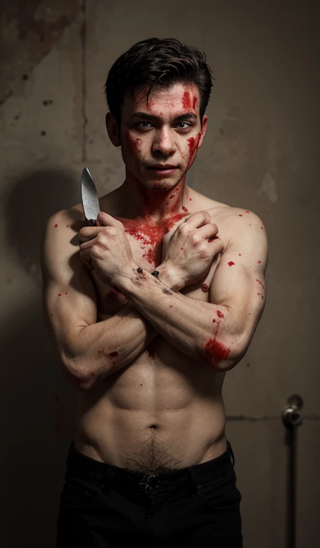 Boy with a knife and blood and marks on his arms