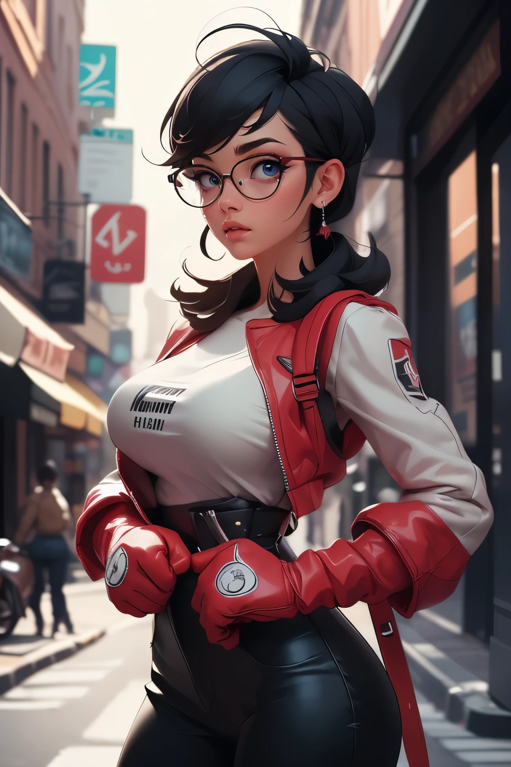 Wide angle shot, Beautiful female street fighter, wearing large glasses, black hair cut, Wears large steel knuckles.