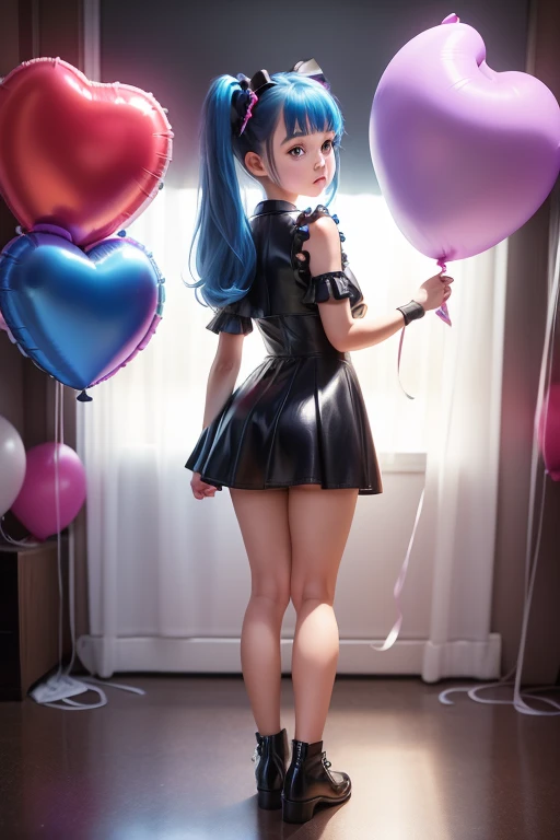 a  girl, ((having a lot of balloons)) , real photo, (((full body))), (looking back at me), twin tails, blue leather dress, epron,