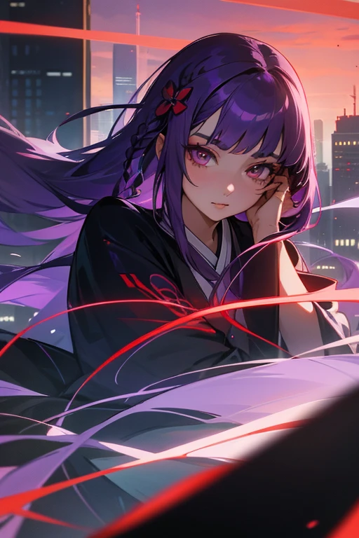 1 girl, dull bangs, Braid, wide sleeve, hair ornaments, kimono, red obi, (purple hair:1.2), very long hair, straight hair, looking at the viewer, highly detailed background, (realistic:1.2), fine eyes, red eyeshadow, Depth of written boundary,thigh, (Ulzzang-6500:0.7), Upper body, (alone:1.2), (cyberpunk city:1.1), shiny skin、City of night、