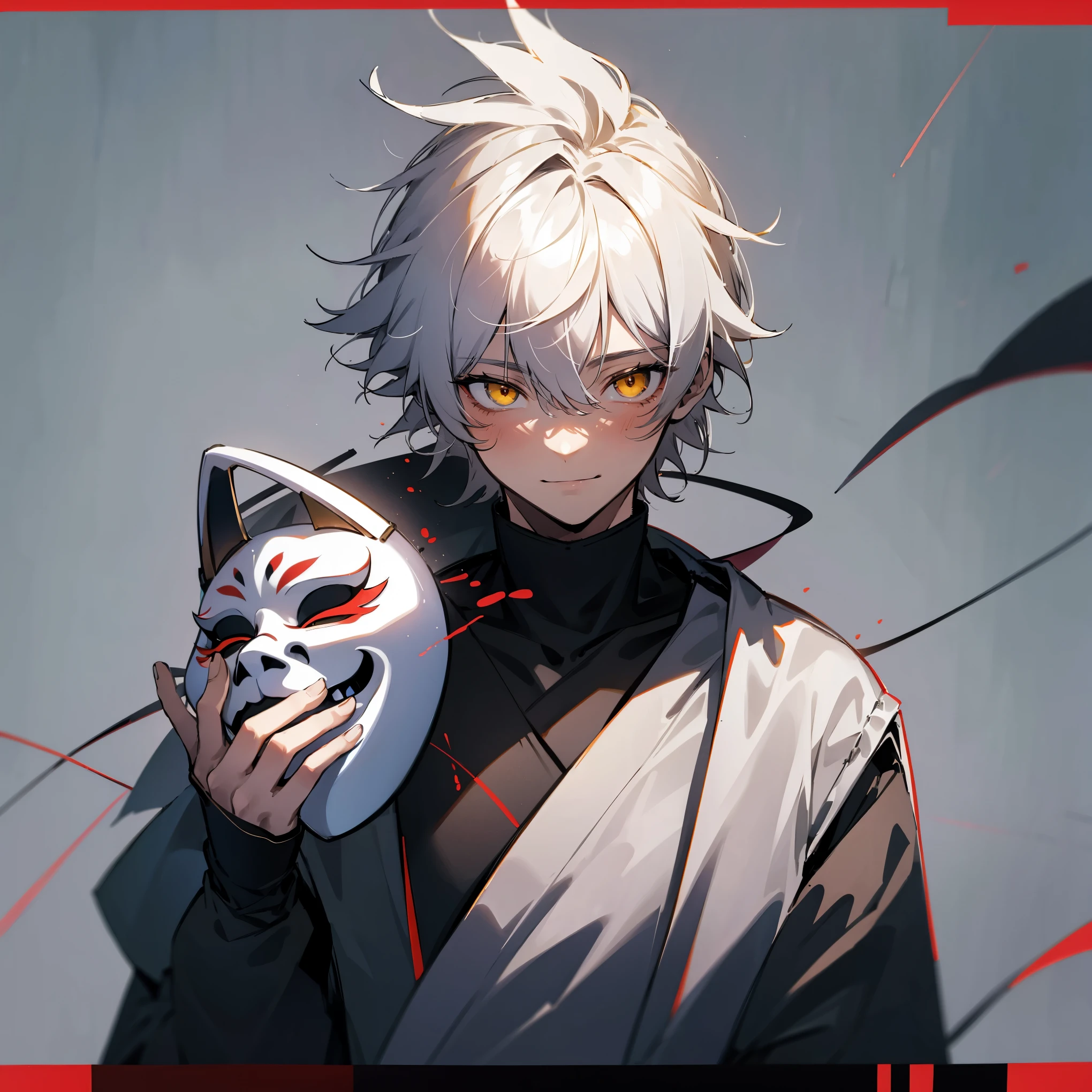 1male , Messy Hair , White Hair , Yellow Eyes , White Yukata , Grey Hair , Insane Smile Expression , Holding a Mask 