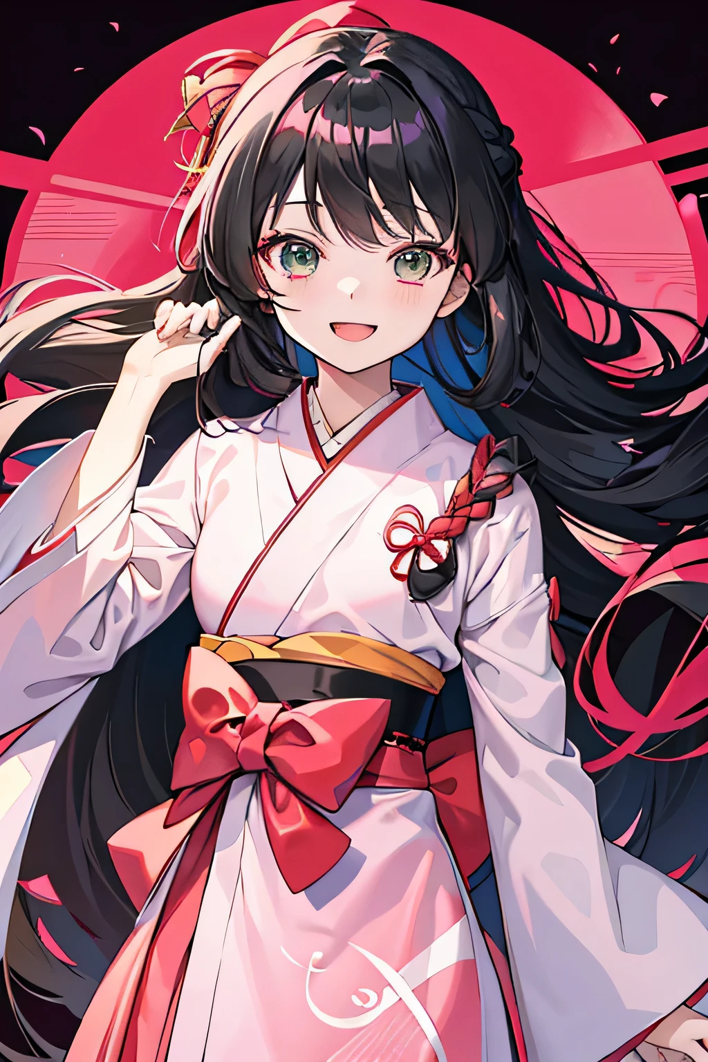 red ribbon, pink hanbok, Animation Moe Artstyle, as an anime character, young anime girl, anime girl, wearing a kimono, anime character, Inspired by Jin Homura, anime waifu, -yeld gi Dark green eyes, Two-tailed round hair,Shit head, braid, ribbon in hair, black hair, smiling