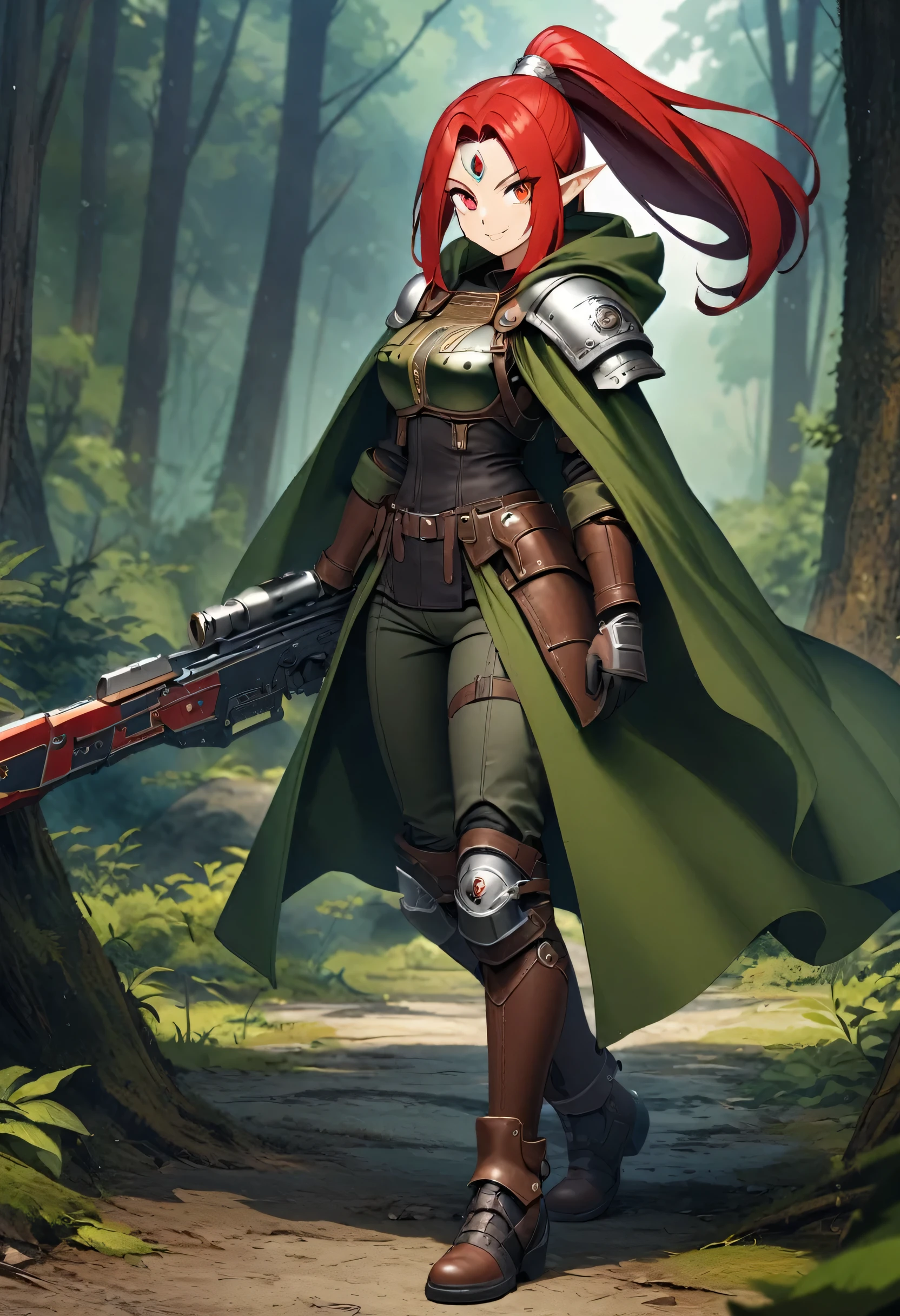 anime - style, Female Ranger, Female Elf, Warhammer 40k, Solo, Detailed Face, Detailed Eyes, Green Cloth, Silver Shoulder pads, Forehead Jewel, Full Body, Red Hair, High Ponytail, Neat Hair, Warrior, Hood, Cloak, Tall, Slender, Leather Armor, Science Fiction, Looking at Viewer, Forest, Smile, Red Accent,