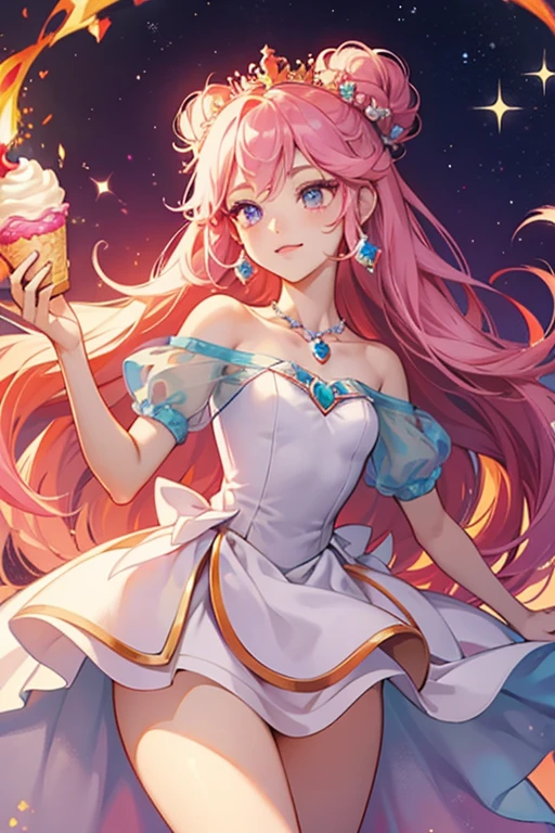 Frozen Yogurt Princess resembles frozen yogurt. Her hair is frozen yogurt in a bun. Her dress is an upside down ice cream cone. She has similarities to both Flame Princess and Princess Bubblegum, as stated by Jake.

Her hair style is almost identical to that of Flame Princess, and her dress also shares quite a few similarities, as well as having her unique thick arms. She also has a small blue gem on her forehead, which also resembles Flame Princess, who has a red/orange gem on her forehead.

Her resemblance to Princess Bubblegum is likely the fact that they are both dessert/sugary foods. Her neck shape somehow resembles hers, as well as her legs. Her personality also resembles Princess Bubblegum more than Flame Princess. Frozen Yogurt Princess also has a blue gem, similar to the gem in Princess Bubblegum's crown. SPARKLE; GLITTER
