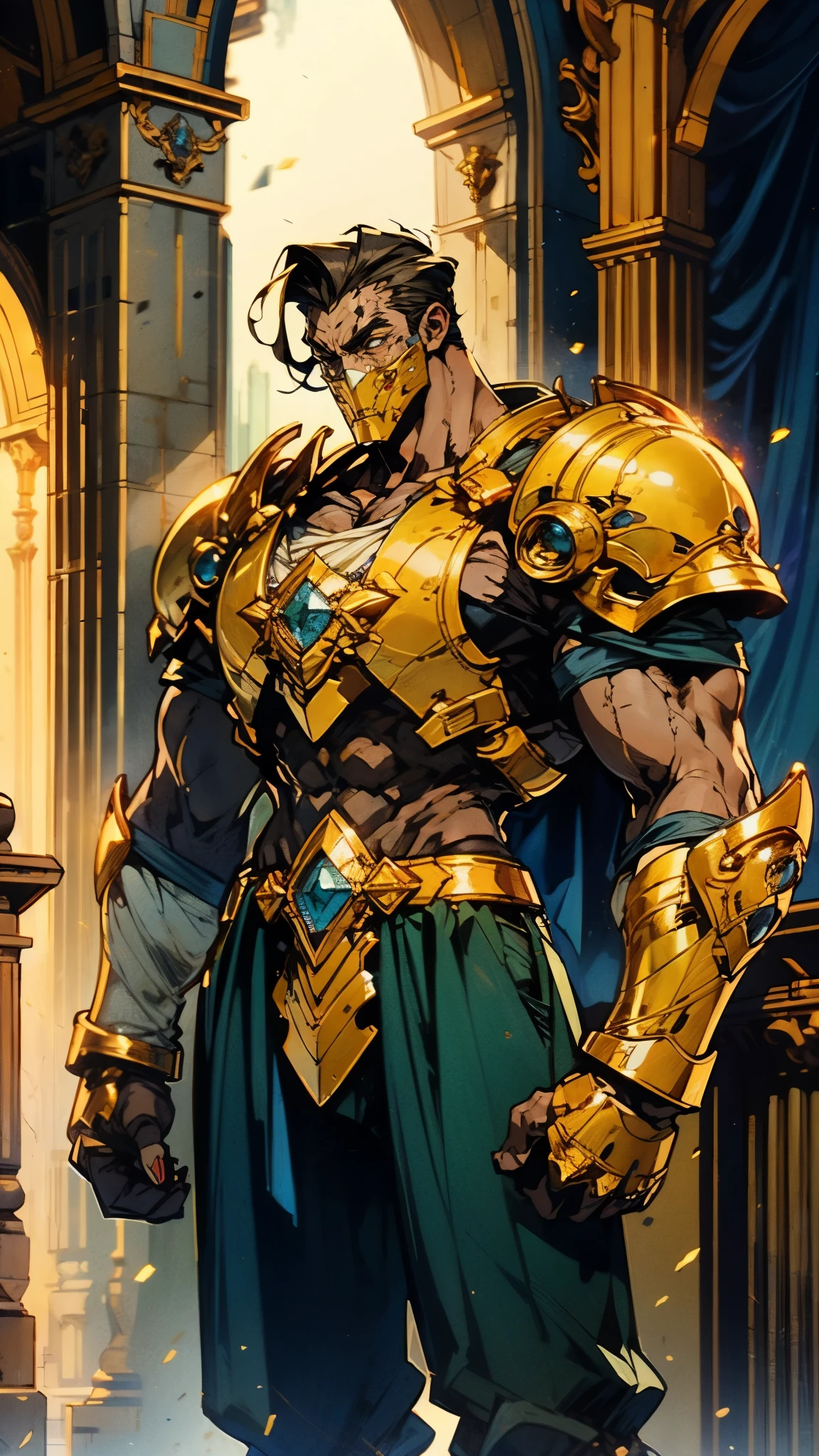 A man with short golden hair slicked back, his face entirely obscured by a Dynastinae concept mask, full mask, cold gaze, clad in an indigo blue fantasy-style Dynastinae concept chest plate, his arms and legs are clad in matching armor, he wears a white undershirt and trousers with golden stripes, standing within a magnificent fantasy-style palace, this character embodies a finely crafted fantasy-style masked light armor warrior in anime style, exquisite and mature manga art style, high definition, best quality, highres, ultra-detailed, ultra-fine painting, extremely delicate, professional, perfect body proportions, golden ratio, anatomically correct, symmetrical face, extremely detailed eyes and face, high quality eyes, creativity, RAW photo, UHD, 32k, Natural light, cinematic lighting, masterpiece-anatomy-perfect, masterpiece:1.5