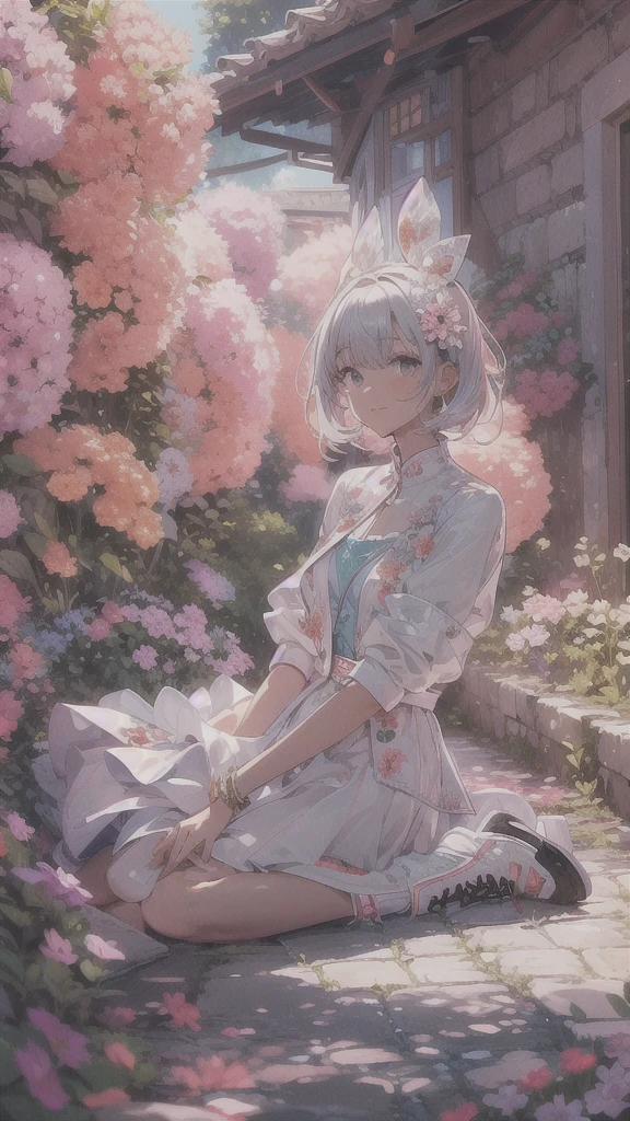 (Highly detailed CG unit 8k wallpaper, masterpiece, High resolution, highest quality, highest qualityのリアルテクスチャスキン), Fashion model sitting on the edge of a flower bed, Close-up:1.2, Nana Komatsu, smile, Asymmetrical coral short hair, Stalgic and inorganic fashion, (detailed costume, Maxi-length layered tight skirt:1.3, Long sleeve wide jacket:1.3, White high-cut sneakers), (blurred background, An empty alley in the French countryside:1.3, Colourful flower beds along the road, cobblestone road), hyper realistic, digital painting, concept art,