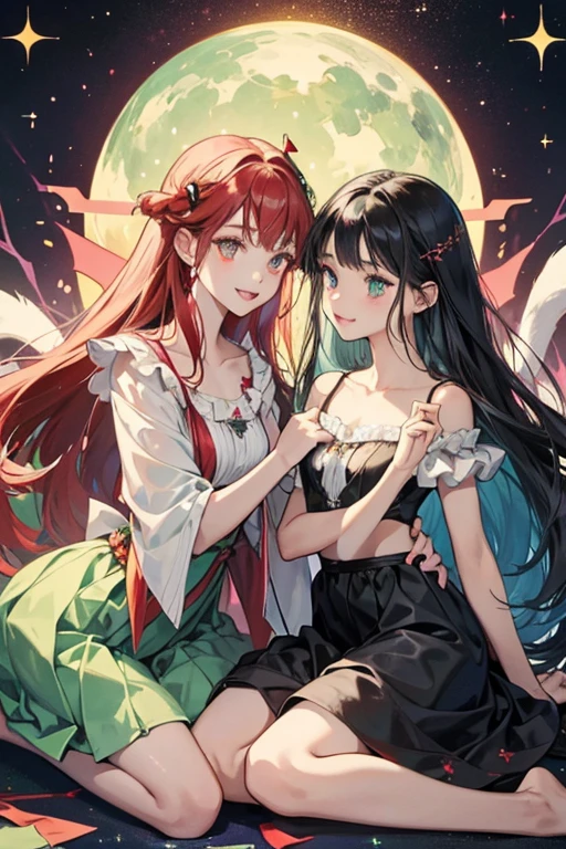 The Fruit Witches have feminine bodies, greenish skin, cat-like eyes, and black creatures in their hair. They wear white tops and skirts, have long ribbons wrapped around their bodies, and are barefoot. The creatures have red, cross-shaped pupils and teeth all around their mouths. SPARKLE; GLITTER