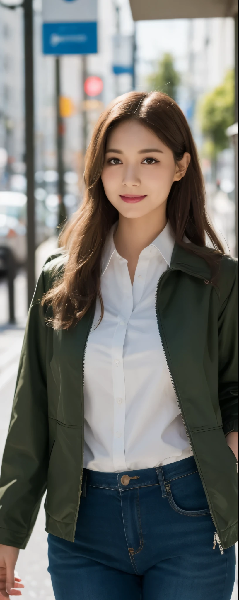 masuterpiece, Best Quality, Illustration, Ultra-detailed, finely detail, hight resolution, 8K Wallpaper, Perfect dynamic composition, from front, Beautiful detailed eyes, ,Medium wavy Hair,  wearing oversize rider jacket:1.2, long pants, Natural Color Lip, Random and sexy poses,Smile, Aoyama Street Walk, 28 years girl