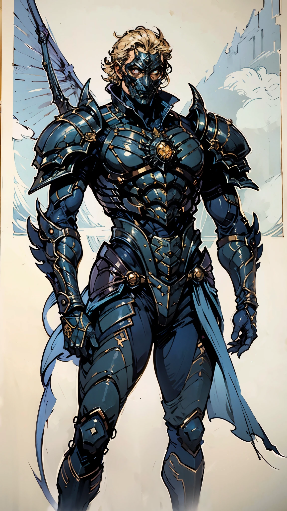 A man with short golden hair slicked back, his face entirely obscured by a Dynastinae concept mask, full mask, cold gaze, clad in an indigo blue fantasy-style Dynastinae concept chest plate, his arms and legs are clad in matching armor, he wears a white undershirt and trousers with golden stripes, standing within a magnificent fantasy-style palace, this character embodies a finely crafted fantasy-style masked light armor warrior in anime style, exquisite and mature manga art style, high definition, best quality, highres, ultra-detailed, ultra-fine painting, extremely delicate, professional, perfect body proportions, golden ratio, anatomically correct, symmetrical face, extremely detailed eyes and face, high quality eyes, creativity, RAW photo, UHD, 32k, Natural light, cinematic lighting, masterpiece-anatomy-perfect, masterpiece:1.5