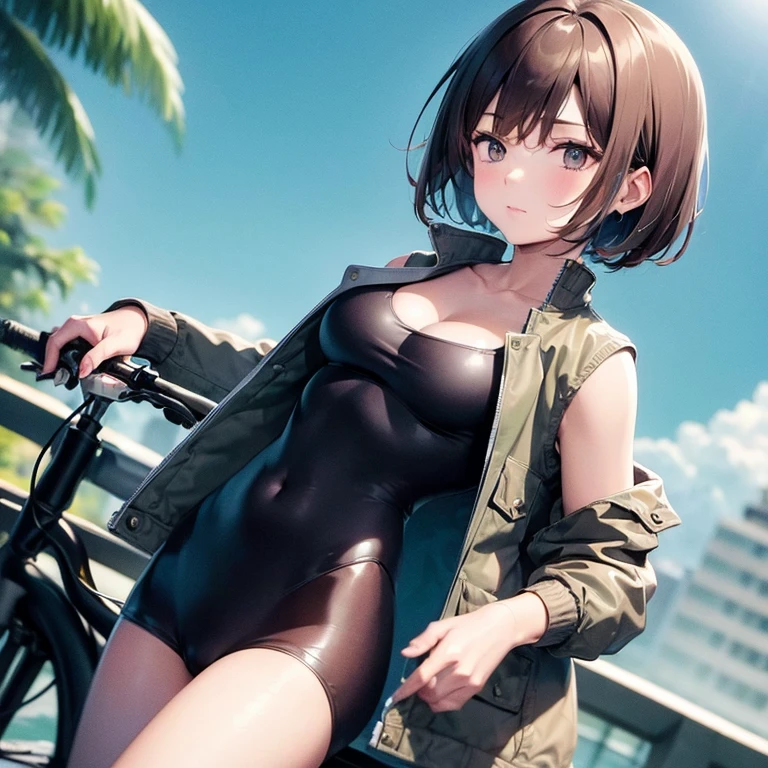 (((masterpiece))), ShizukaMikazuki, 1girl, solo, looking at viewer, short hair, brown hair, long sleeves, cleavage, medium breasts, closed mouth, collarbone, jacket, open clothes, open jacket, blue jacket, ground vehicle, sports bra, bicycle,