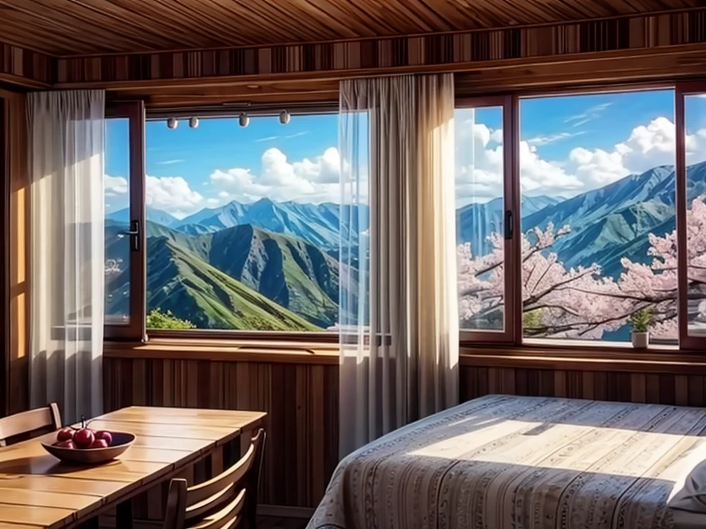 The View Outside the Window, From the window of the mountain hut, you can see the lush green mountains and cherry blossoms in full bloom, the blue sky, white clouds, and the refreshing spring breeze coming into the room and shaking the curtains.