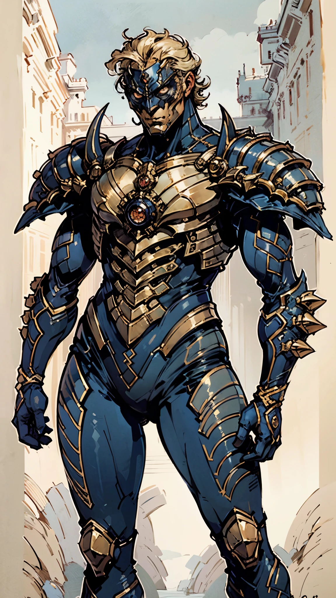 A man with short golden hair slicked back, his face entirely obscured by a Dynastinae concept mask, full mask, cold gaze, clad in an indigo blue fantasy-style Dynastinae concept chest plate, his arms and legs are clad in matching armor, he wears a white undershirt and trousers with golden stripes, standing within a magnificent fantasy-style palace, this character embodies a finely crafted fantasy-style masked light armor warrior in anime style, exquisite and mature manga art style, high definition, best quality, highres, ultra-detailed, ultra-fine painting, extremely delicate, professional, perfect body proportions, golden ratio, anatomically correct, symmetrical face, extremely detailed eyes and face, high quality eyes, creativity, RAW photo, UHD, 32k, Natural light, cinematic lighting, masterpiece-anatomy-perfect, masterpiece:1.5