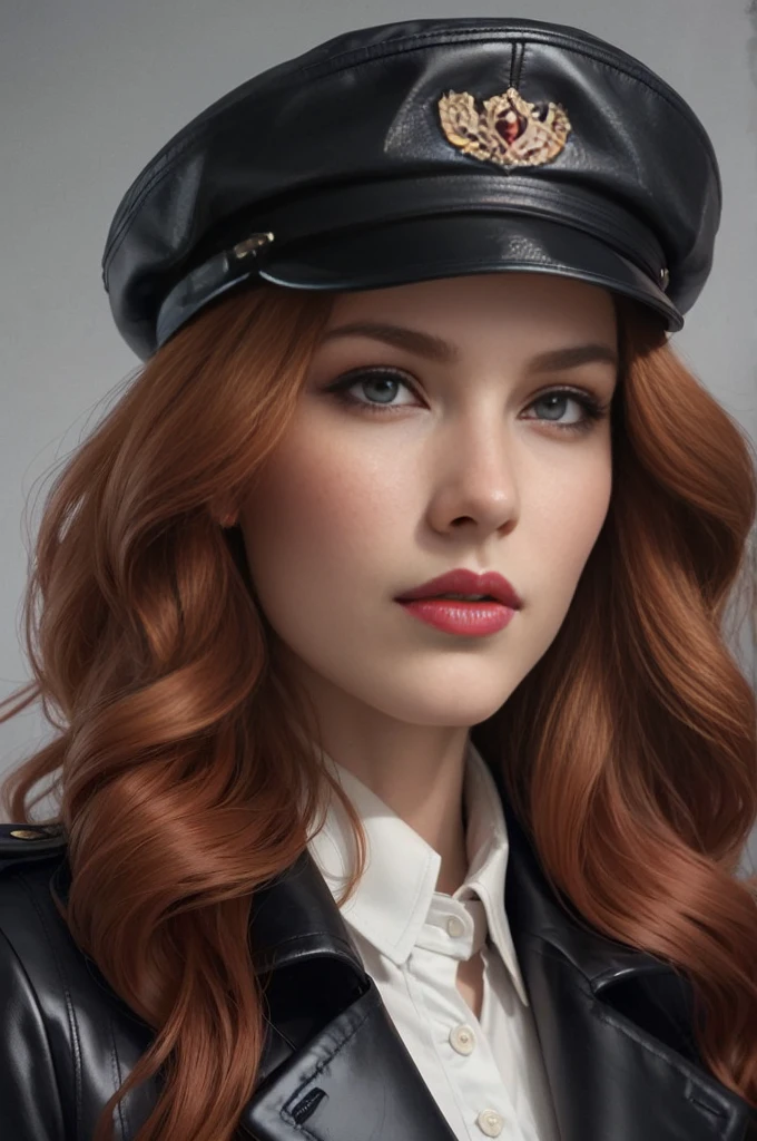 A close-up portrait of a gorgeous, beautiful, stunning russian woman wearing a classy outfit: a black belted leather trench coat, a shirt, trousers, boots, and a newsboy cap. A redhead woman from Russia, delicate red lips, pastel pink skin tone, soft flawless pale skin, elegant make-up, red lipstick. Classy, elegant redhead woman, a majestic lady, dream beauty, ethereal beauty, delicate, sensitive, tender, lovely, romantic, kind, femenine and strong, brave, determinated woman. Elegant look, flowing and glowing layered wavy hair . She's making a photo book, posing for camera, professional photograph, editorial photograph. A ginger model who has a beauty that comes to hearts.