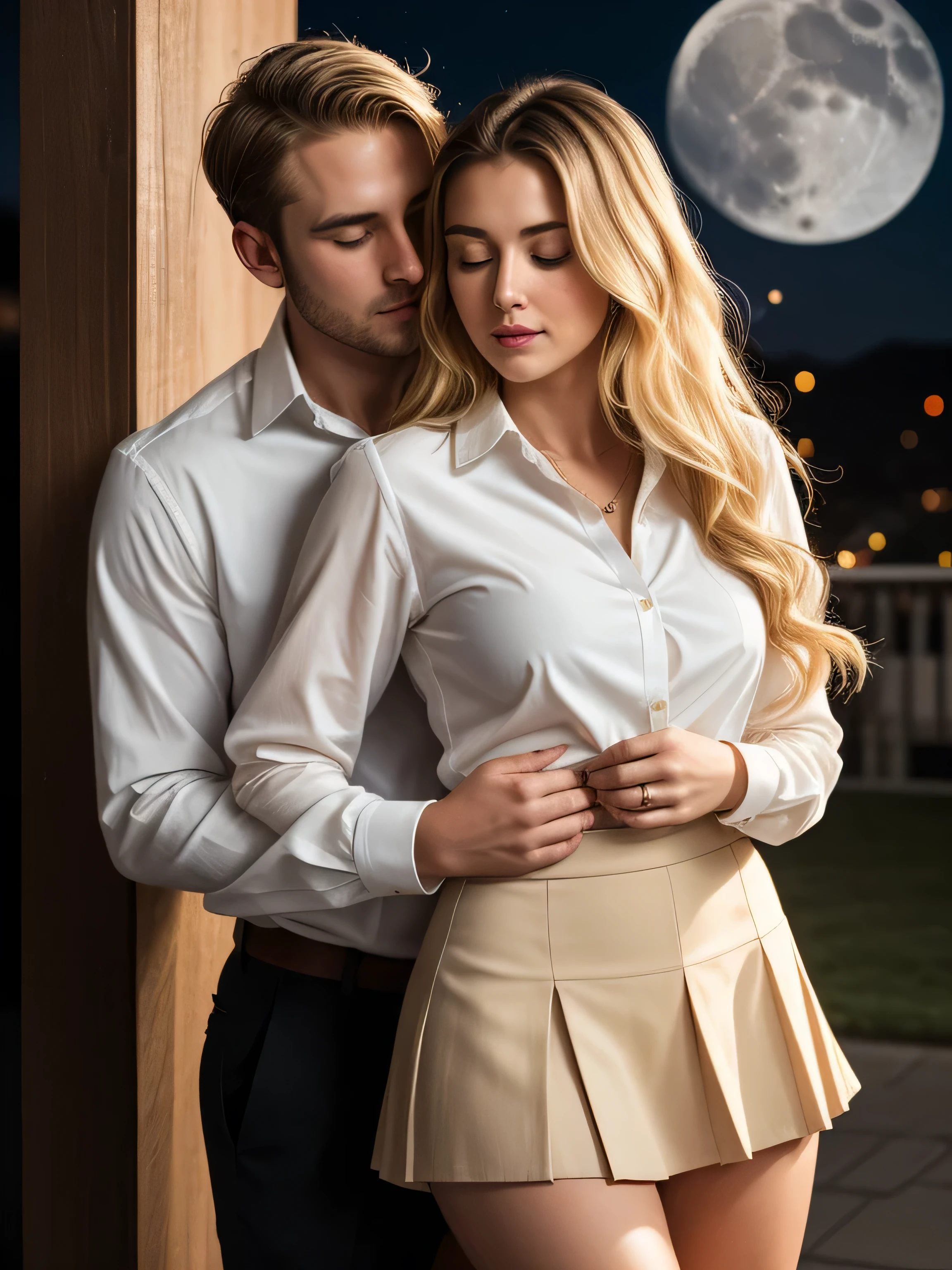 man and girl, she is blonde, 23 years old, long hair. He is brutal (brunette:1.1)(short hair:1.3), 34 years old, hug, (moon:1.1), , (4k, Raw photo, highest quality, Depth of the bounds written, ultra high resolution:1.1)A man is embracing a beautiful woman from behind, his right hand touching her chest and his left hand on her groin. The woman lightly touches the man's arm, showing a hint of resistance but also wearing a blissful expression, gasping in pleasure.woman wearing white long sleeve button up blouse_brown pleated mini skirt＿Put the shirt inside the skirt,woman hair is blonde hair, wavy hair, super long hair