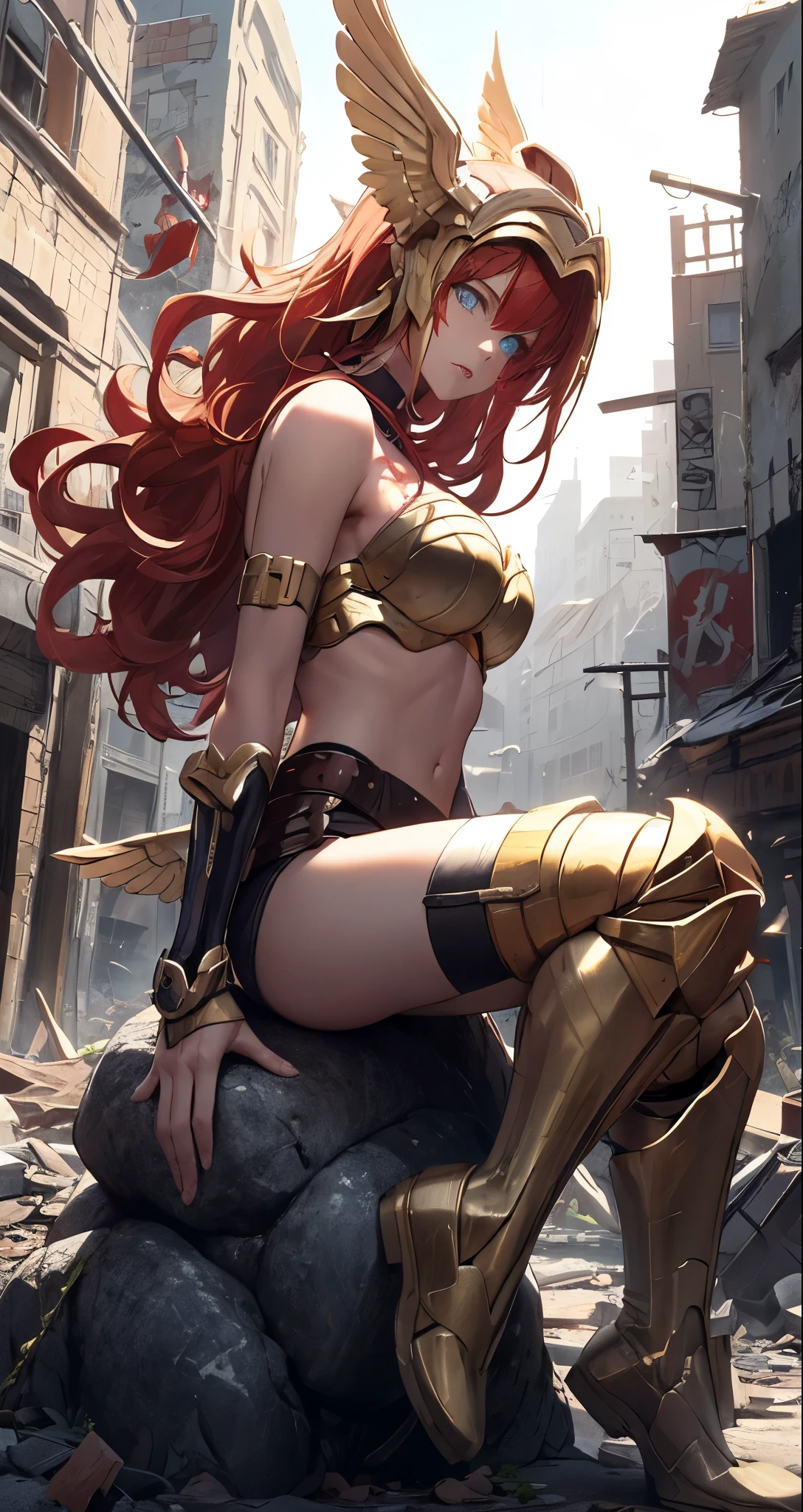 masterpiece, destroyed city detailed scenario, destroyed city detailed background, solo, woman, helmet with golden wings, red hair, sitting on a rock, beautiful eyes, Sexy pose