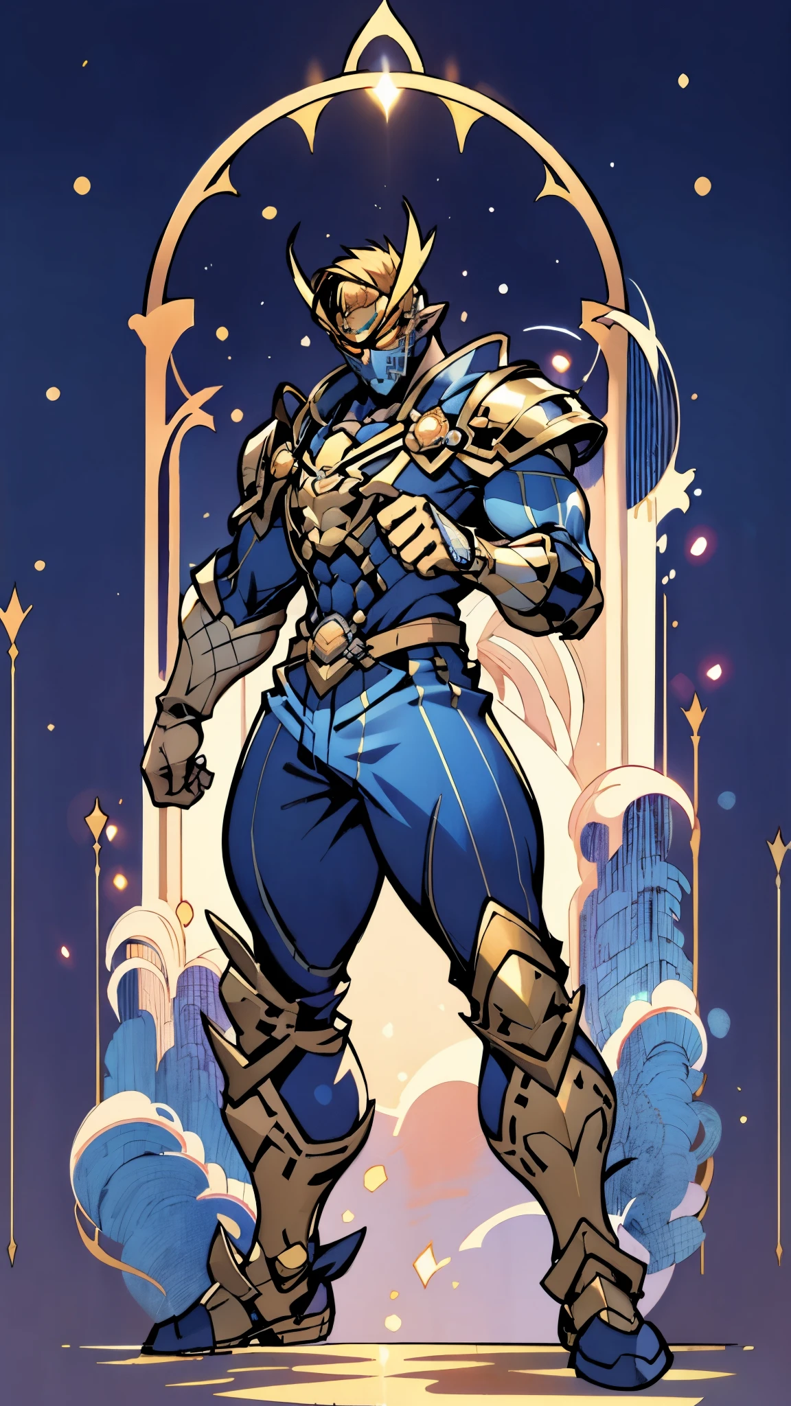 A man with short golden hair slicked back, his face entirely obscured by a Dynastinae concept mask, full mask, cold gaze, clad in an indigo blue fantasy-style Dynastinae concept chest plate, his arms and legs are clad in matching armor, he wears a white undershirt and trousers with golden stripes, standing within a magnificent fantasy-style palace, this character embodies a finely crafted fantasy-style masked light armor warrior in anime style, exquisite and mature manga art style, high definition, best quality, highres, ultra-detailed, ultra-fine painting, extremely delicate, professional, perfect body proportions, golden ratio, anatomically correct, symmetrical face, extremely detailed eyes and face, high quality eyes, creativity, RAW photo, UHD, 32k, Natural light, cinematic lighting, masterpiece-anatomy-perfect, masterpiece:1.5