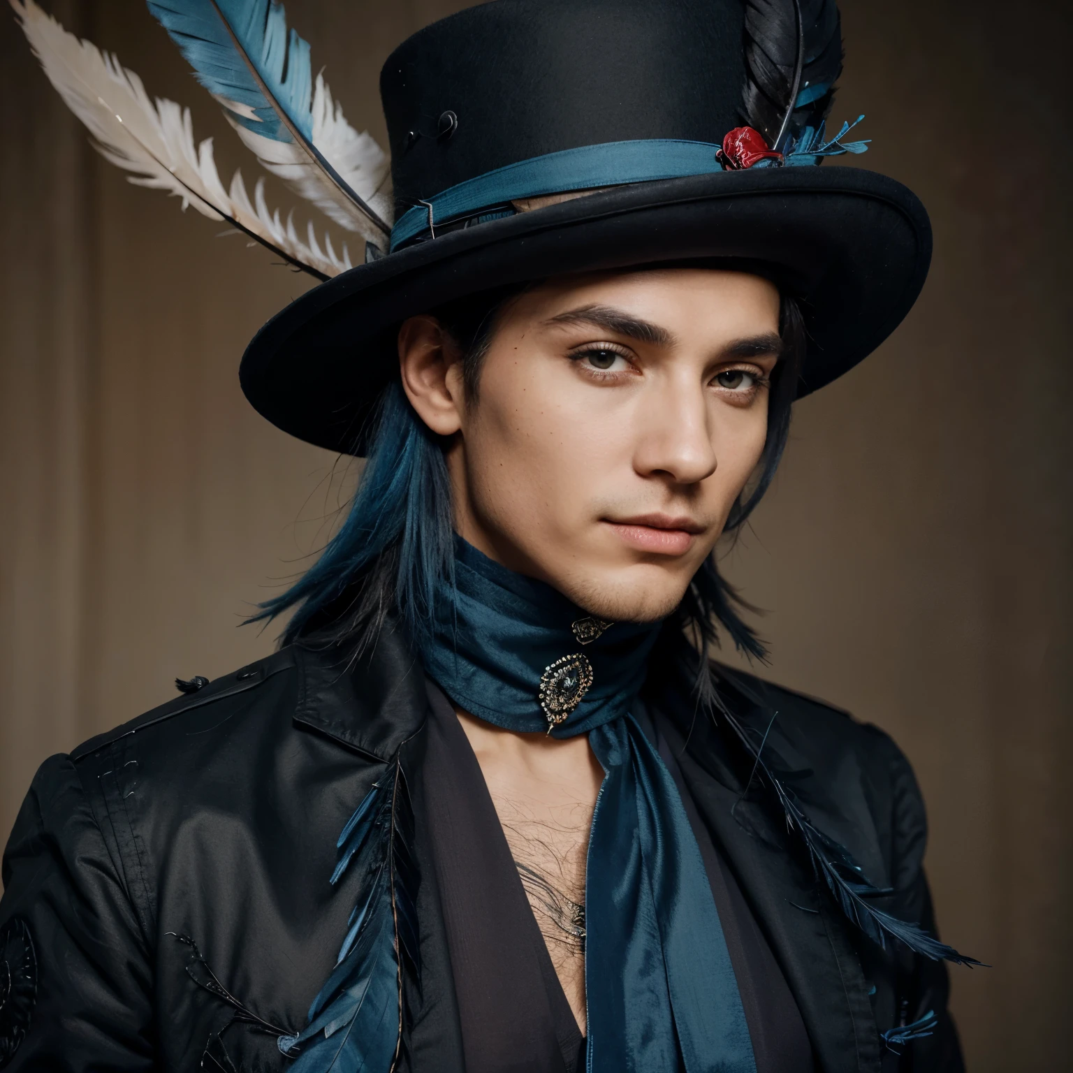 He is a young man with charming appearance, vestindo um sobretudo azul escuro adornado com detalhes de penas brancas e pretas caindo elegantemente ao redor dele. Your hat is unique, decorated with crow and heron feathers, dando-lhe um ar misterioso e sofisticado. A red eye in the center of the top hat adds a touch of intrigue and mystery to your look., highlighting your unique and captivating personality.