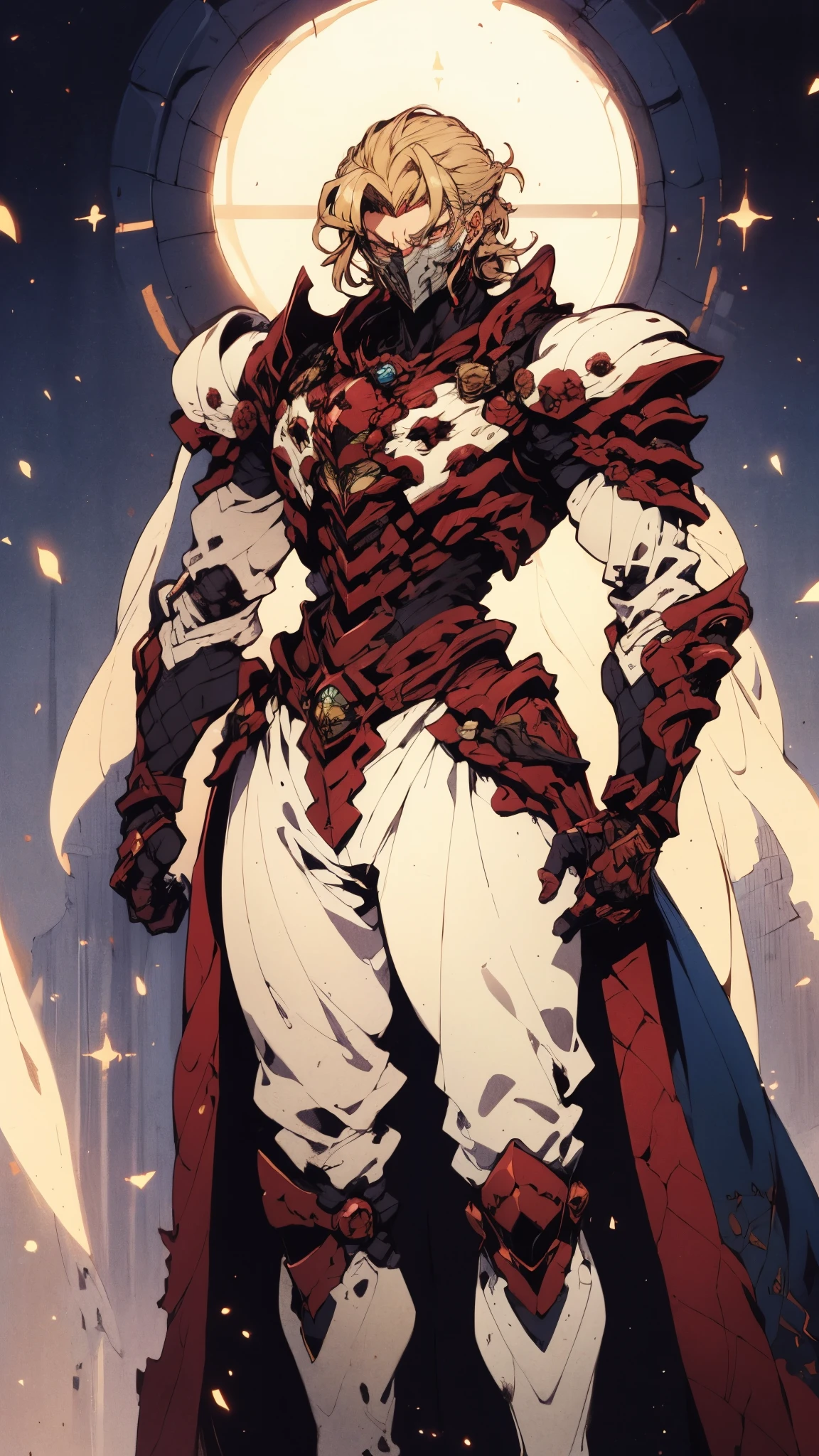 A man with short golden hair slicked back, his face entirely obscured by a Dynastinae concept mask, full mask, cold gaze, clad in an indigo blue fantasy-style Dynastinae concept chest plate, his arms and legs are clad in matching armor, he wears a white undershirt and trousers with golden stripes, standing within a magnificent fantasy-style palace, this character embodies a finely crafted fantasy-style masked light armor warrior in anime style, exquisite and mature manga art style, high definition, best quality, highres, ultra-detailed, ultra-fine painting, extremely delicate, professional, perfect body proportions, golden ratio, anatomically correct, symmetrical face, extremely detailed eyes and face, high quality eyes, creativity, RAW photo, UHD, 32k, Natural light, cinematic lighting, masterpiece-anatomy-perfect, masterpiece:1.5