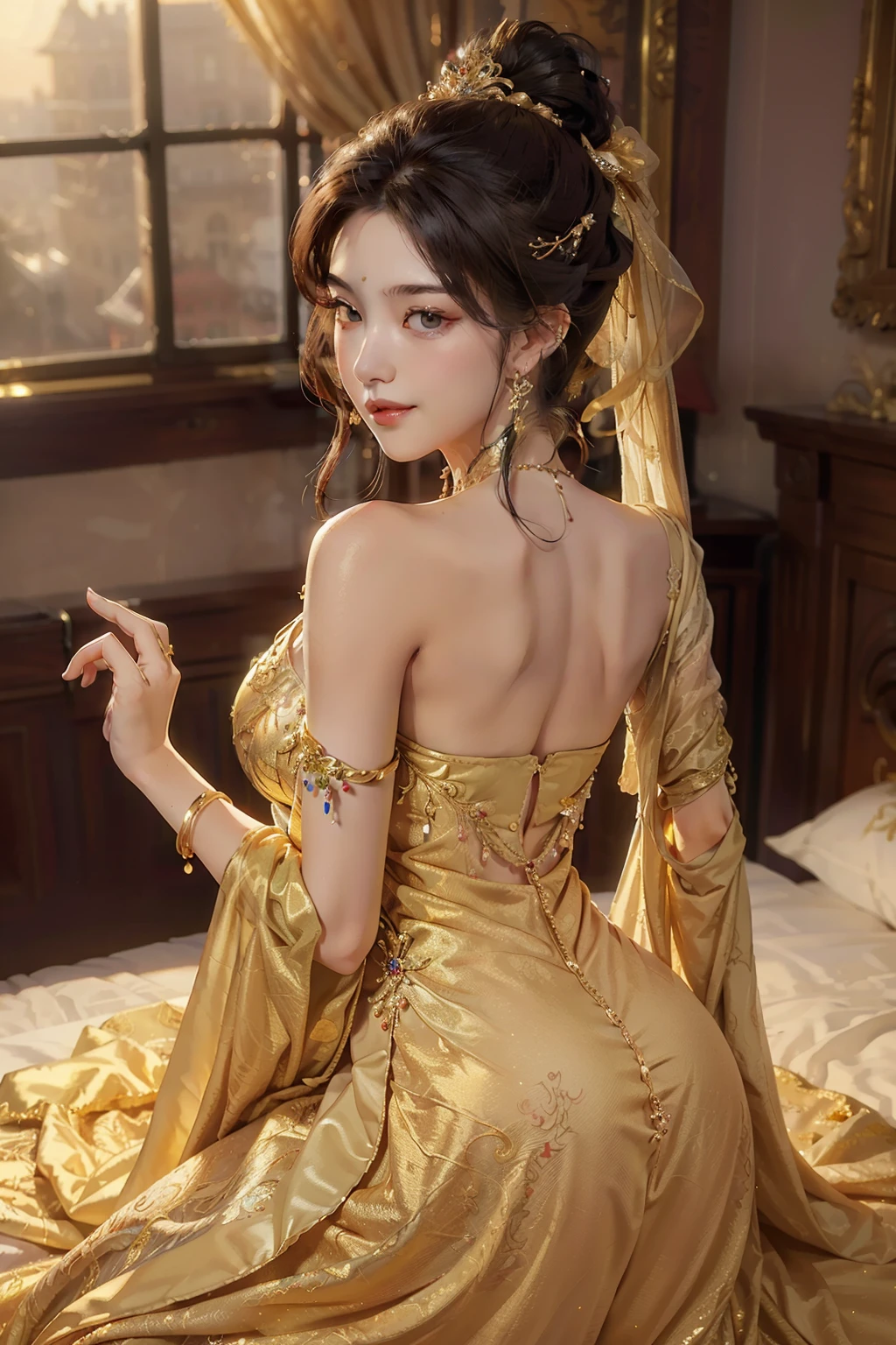 ((best quality)), ((masterpiece)), (detailed), perfect face, pretty face, beautiful female, beautiful body, expensive dress, gold dress, party dress, royal dress, golden crown, golden accessories, royal mistress, lay on the bed, angle from behind, ponytail, perfect body, cute dress, seductive smile