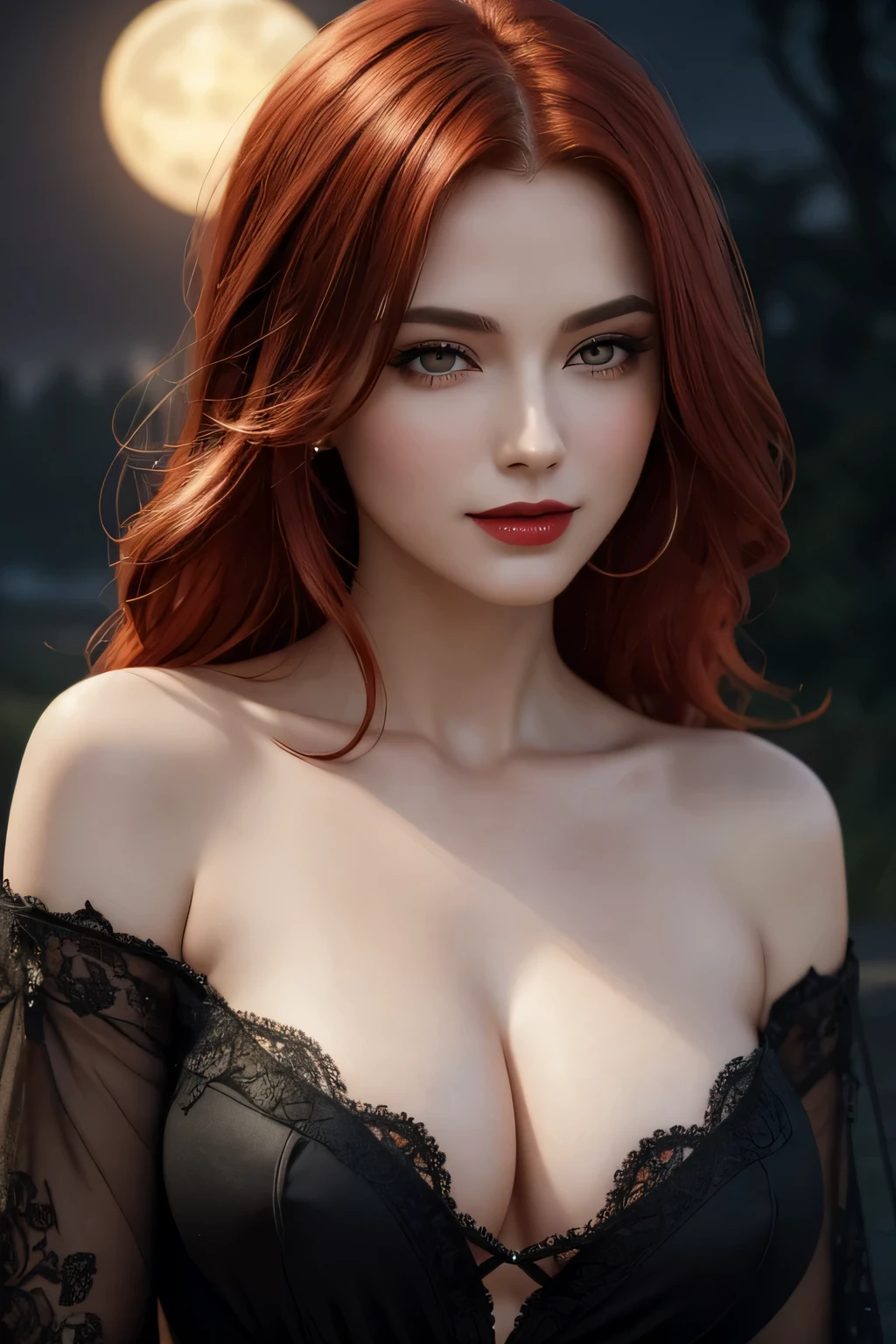 Up close face, (Masterpiece, Best Quality:1.3), absurdres, (8k resolution), illustration, ((outline, thick lineart)), (faux traditional media:1.3), looking at viewer,(masterpiece,best quality),HDR,high-definition,[[Intricate Details]],cinematic,photorealisticportrait shot, ((vivid red hair)), mature woman, 30 years old, diamond face, moonlight, red starry sky background, depth of field, magic, big red lips, ((dark black eyes)) black and red long and full dress, covered chest, mystical atmosphere, smile expression, posing, taut and well defined body, attractive. Highly realistic, pale skin, beautiful, hyperrealism, skin very elaborated, direct gaze ,flower_style,

