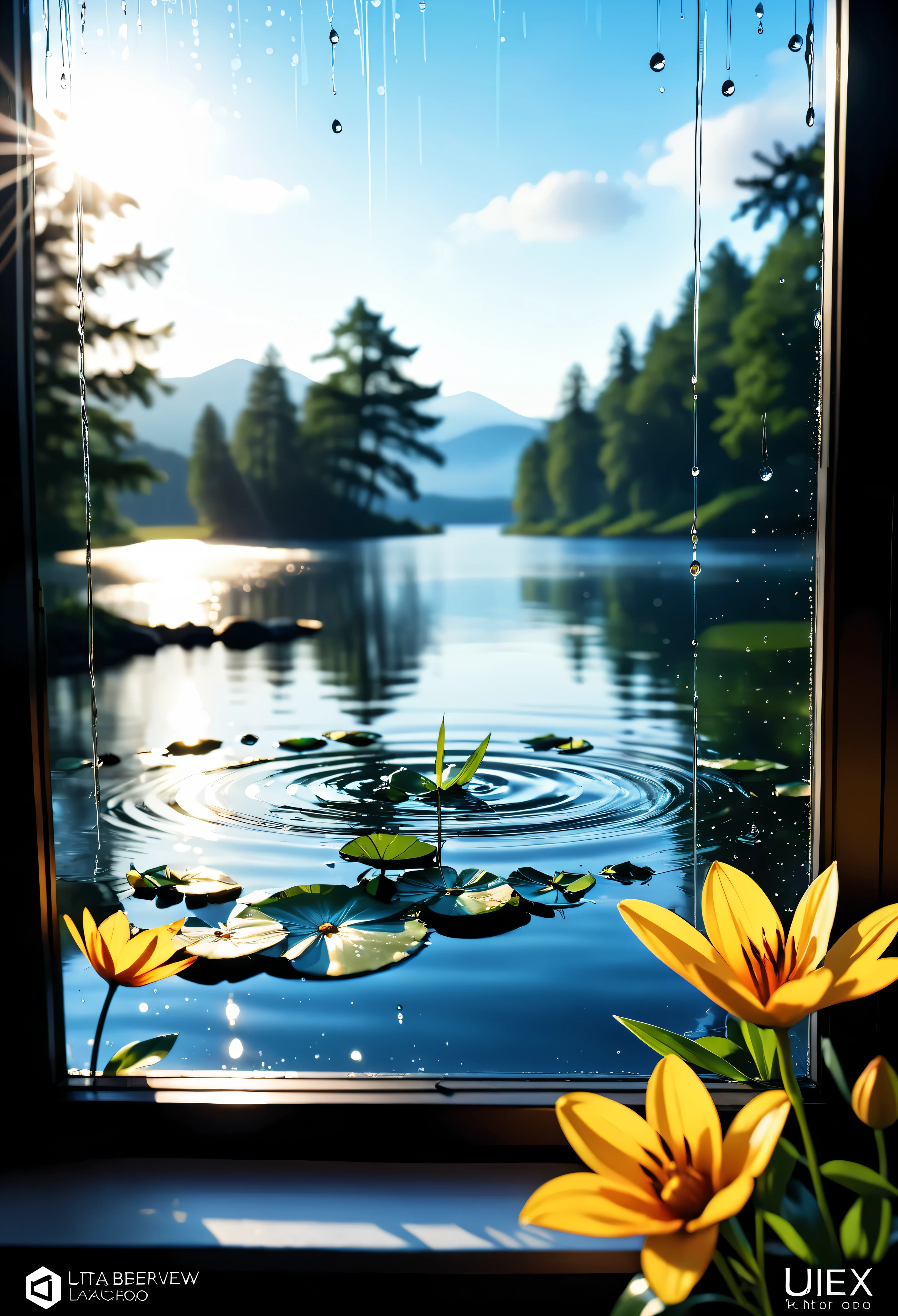 ((Masterpiece in maximum 16K resolution):1.6),((soft_color_photograpy:)1.5), ((Ultra-Detailed):1.4),((Movie-like still images and dynamic angles):1.3), ((motion blur):1.1),((Ultra wide angle):1.5),((macro lens photo):1.3). | ((Macro shot of glass window pane with dripping morning dews):1.2), ((glass window overlooking a beautiful lake):1.5), award winning masterpiece with incredible details, epic stunning, ((morning dews):1.2), ((thin morning lake mist):1.1), ((tyndall effect):1.1), ((morning at a lake):1.2), ((lake flowers):1.2), ((fresh atmosphere):1.1), (shimmer), (visual experience), (Realism), (Realistic), award-winning graphics, dark shot, film grain, extremely detailed, Digital Art, rtx, Unreal Engine, scene concept anti glare effect, All captured with sharp focus. Rendered in ultra-high definition with UHD and retina quality, this masterpiece ensures anatomical correctness and textured skin with super detail. With a focus on high quality and accuracy, this award-winning portrayal captures every nuance in stunning 16k resolution, immersing viewers in its lifelike depiction. Avoid extreme angles or exaggerated expressions to maintain realism. ((perfect_composition, perfect_design, perfect_layout, perfect_detail, ultra_detailed)), ((enhance_all, fix_everything)),