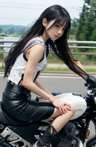 best quality, detailed, beautiful, insanely detailed, absurdres,perfect anatomy,
Japanese woman,black hair,27 years old,
(slender),
(small breasts),(long exposure:1.0)
full body shot, (Riding a motorcycle in a forward leaning position:1.3), speeding down a straight road, (dynamic angle:1.3)