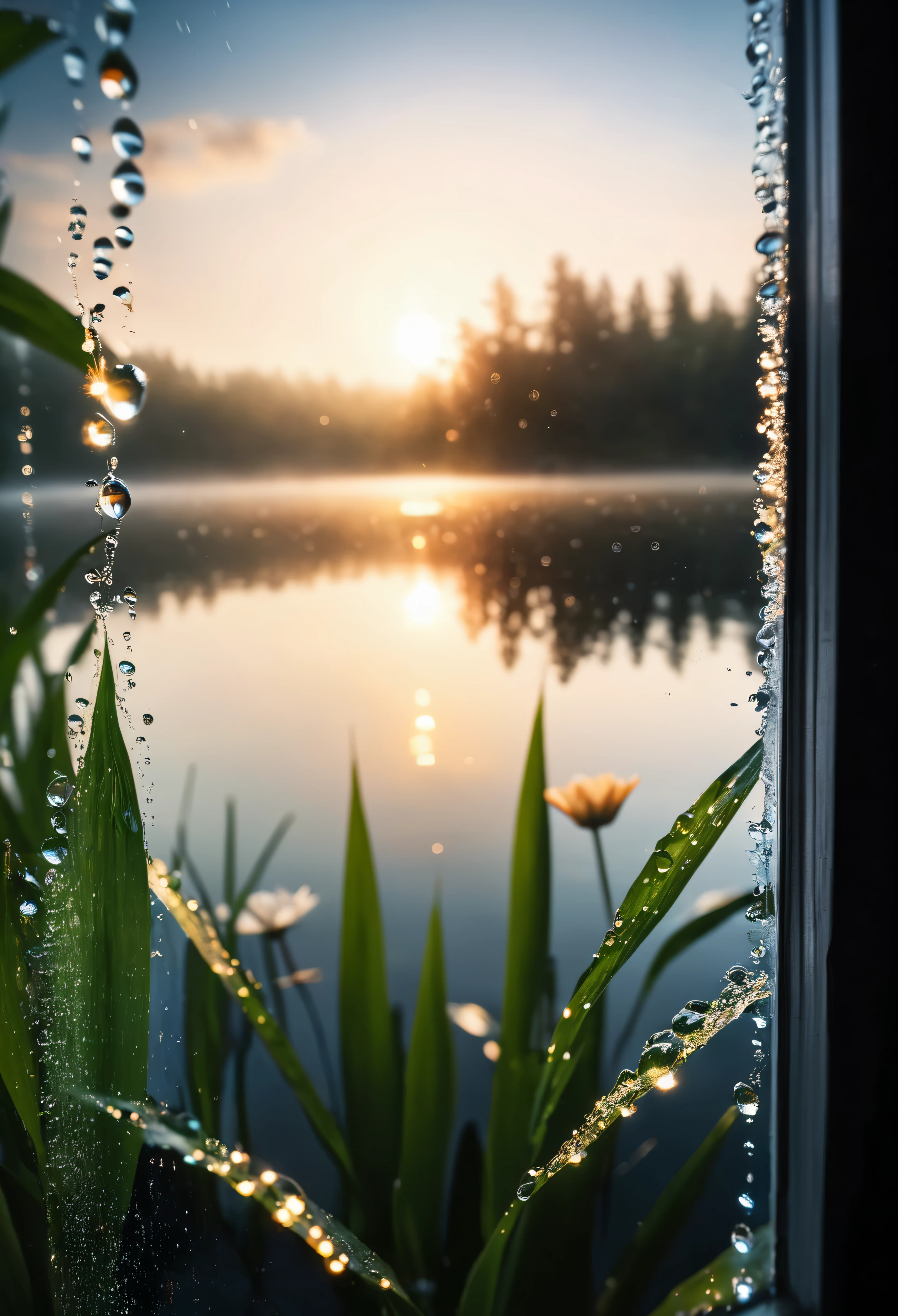 ((Masterpiece in maximum 16K resolution):1.6),((soft_color_photograpy:)1.5), ((Ultra-Detailed):1.4),((Movie-like still images and dynamic angles):1.3), ((motion blur):1.1),((Ultra wide angle):1.5),((macro lens photo):1.3). | ((Macro shot of glass window pane with dripping morning dews):1.2), ((glass window overlooking a beautiful lake):1.5), award winning masterpiece with incredible details, epic stunning, ((morning dews):1.2), ((thin morning lake mist):1.1), ((tyndall effect):1.1), ((morning at a lake):1.2), ((lake flowers):1.2), ((fresh atmosphere):1.1), (shimmer), (visual experience), (Realism), (Realistic), award-winning graphics, dark shot, film grain, extremely detailed, Digital Art, rtx, Unreal Engine, scene concept anti glare effect, All captured with sharp focus. Rendered in ultra-high definition with UHD and retina quality, this masterpiece ensures anatomical correctness and textured skin with super detail. With a focus on high quality and accuracy, this award-winning portrayal captures every nuance in stunning 16k resolution, immersing viewers in its lifelike depiction. Avoid extreme angles or exaggerated expressions to maintain realism. ((perfect_composition, perfect_design, perfect_layout, perfect_detail, ultra_detailed)), ((enhance_all, fix_everything)),