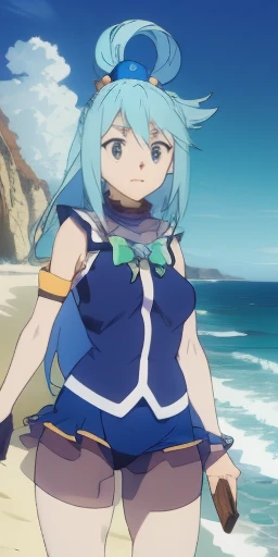 Aqua, 1 garota,standing,posando,tiro de vaqueiro, ((nu:1.2)), hair rings, hair ornament, qualidade perfeita, boa qualidade, obra de arte, HDR, Ultra HD,vista de cima,((sorriso leve:1.1)),ao ar livre,areia da praia,ocean water,((gozada na cara:1.2))
