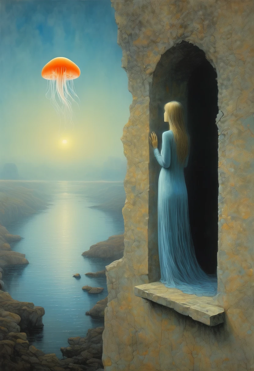 The scenery outside the window,Looking out from the window,Girl looking into the distance at the window,The Faceless Stone Woman on the Bridge,Handheld Light,Background with jellyfish, With the sky as a background, Brome's Art, Magic artwork, super fine, Fantasy Art Surrealism Beksinski