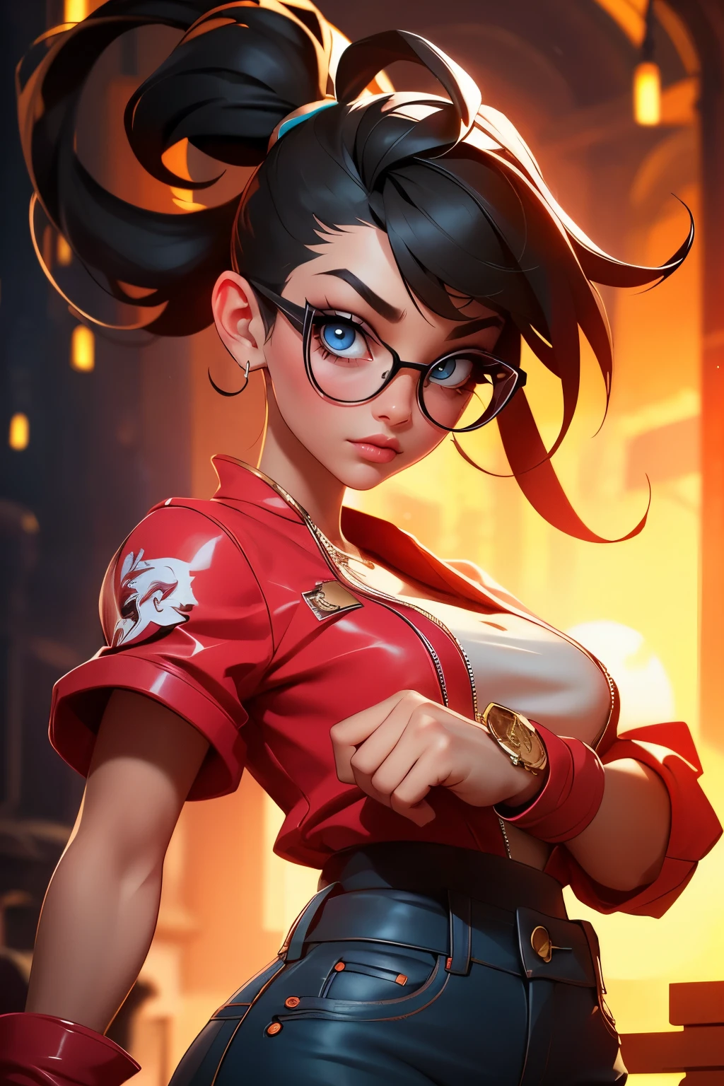 Wide angle shot, beautiful female street fighter, wearing large glasses, black undercut hair, wearing large steel knuckles