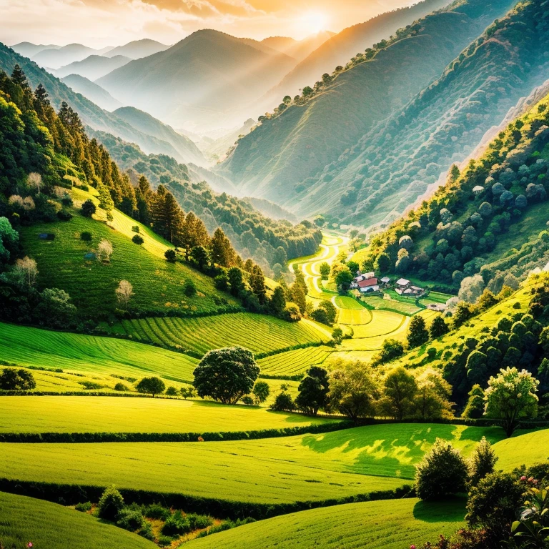 "Generate a vivid and captivating image showcasing lush, verdant tea gardens cascading down the rolling hills, with the gentle rays of the rising sun painting the sky in warm hues, evoking a sense of tranquility and serenity amidst nature's beauty."