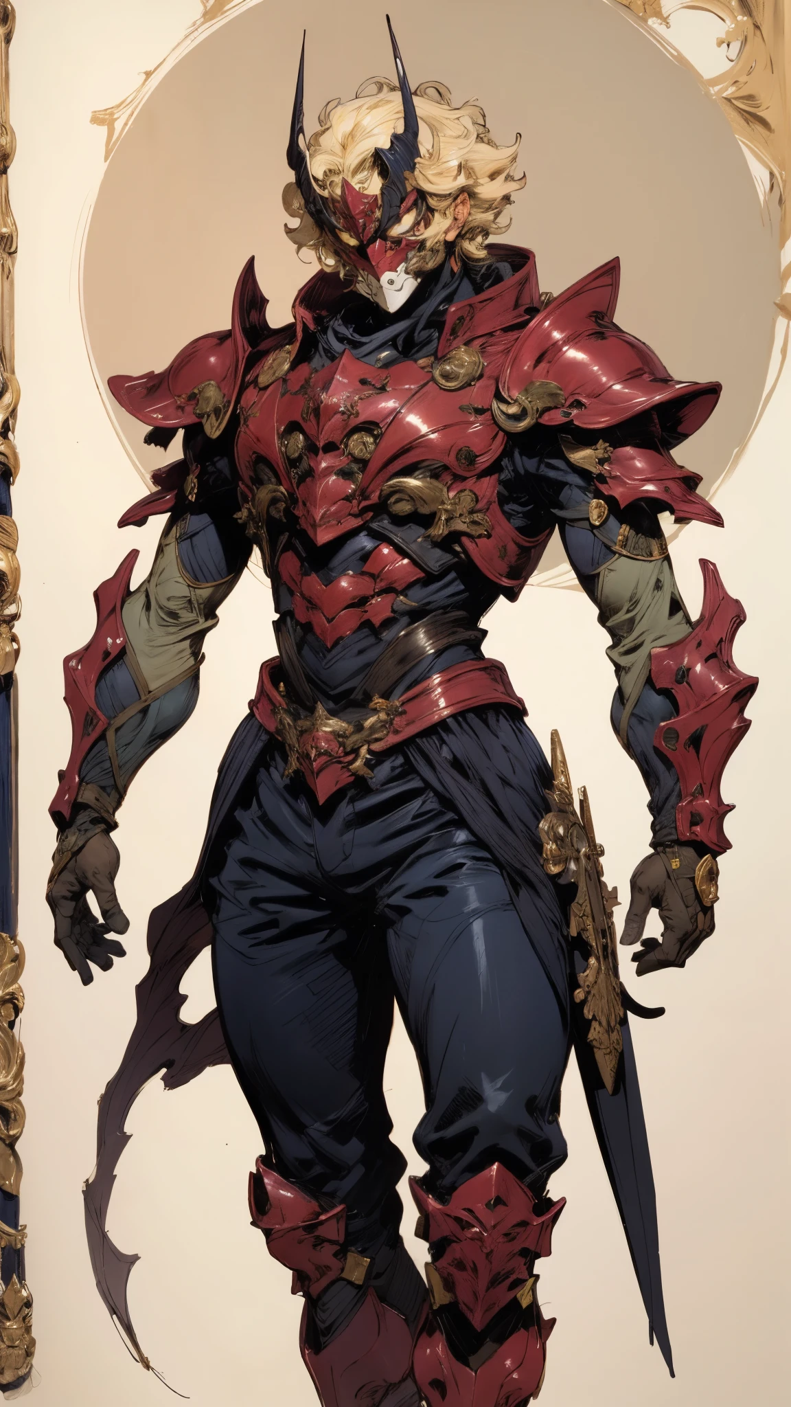 A man with short golden hair slicked back, his face entirely obscured by a Dynastinae concept mask, full mask, cold gaze, clad in an indigo blue fantasy-style Dynastinae concept chest plate, his arms and legs are clad in matching armor, he wears a white undershirt and trousers with golden stripes, standing within a magnificent fantasy-style palace, this character embodies a finely crafted fantasy-style masked light armor warrior in anime style, exquisite and mature manga art style, high definition, best quality, highres, ultra-detailed, ultra-fine painting, extremely delicate, professional, perfect body proportions, golden ratio, anatomically correct, symmetrical face, extremely detailed eyes and face, high quality eyes, creativity, RAW photo, UHD, 32k, Natural light, cinematic lighting, masterpiece-anatomy-perfect, masterpiece:1.5