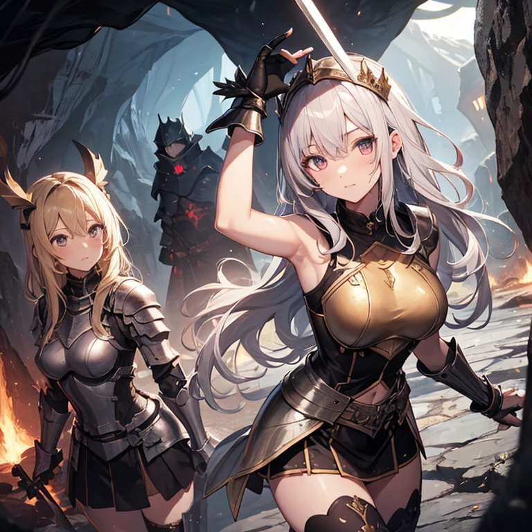 A group of female knight, (in cave), various hair styles, harem, wearing armored clothes, metal armor, night, details face, , short skirt, seducing, sword, showing armpits, sleeveless, erotic