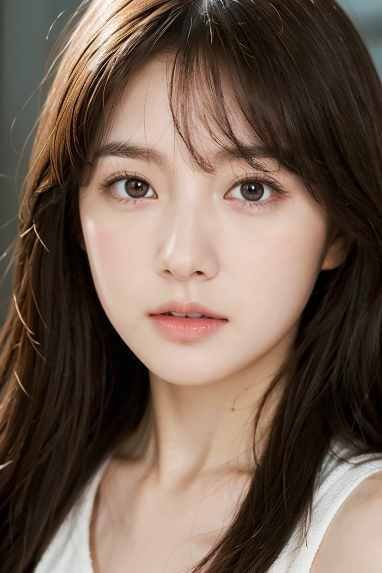 young girl , beautiful face, cute face, sharp nose, brown hair, messy hair, beautiful eyes, pale skin, white skin, focus face, close up head