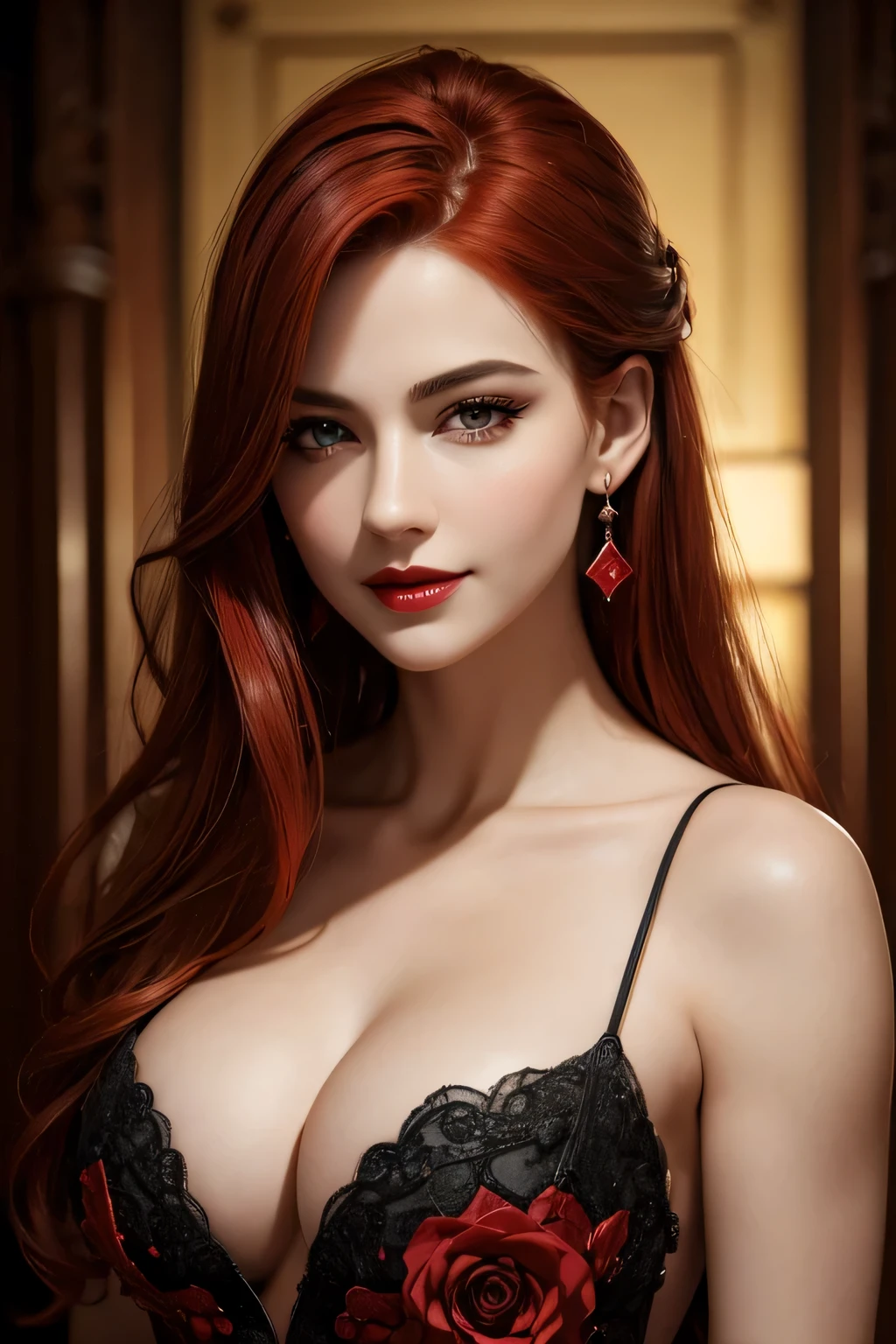 Up close face, (Masterpiece, Best Quality:1.3), absurdres, (8k resolution), illustration, ((outline, thick lineart)), (faux traditional media:1.3), looking at viewer,(masterpiece,best quality),HDR,high-definition,[[Intricate Details]],cinematic,photorealisticportrait shot, ((vivid red hair)), mature woman, 30 years old, diamond face, moonlight, red starry sky background, depth of field, magic, big red lips, ((dark black eyes)) black and red long and full dress, covered chest, mystical atmosphere, smile expression, posing, taut and well defined body, attractive. Highly realistic, pale skin, beautiful, hyperrealism, skin very elaborated, direct gaze ,flower_style,
