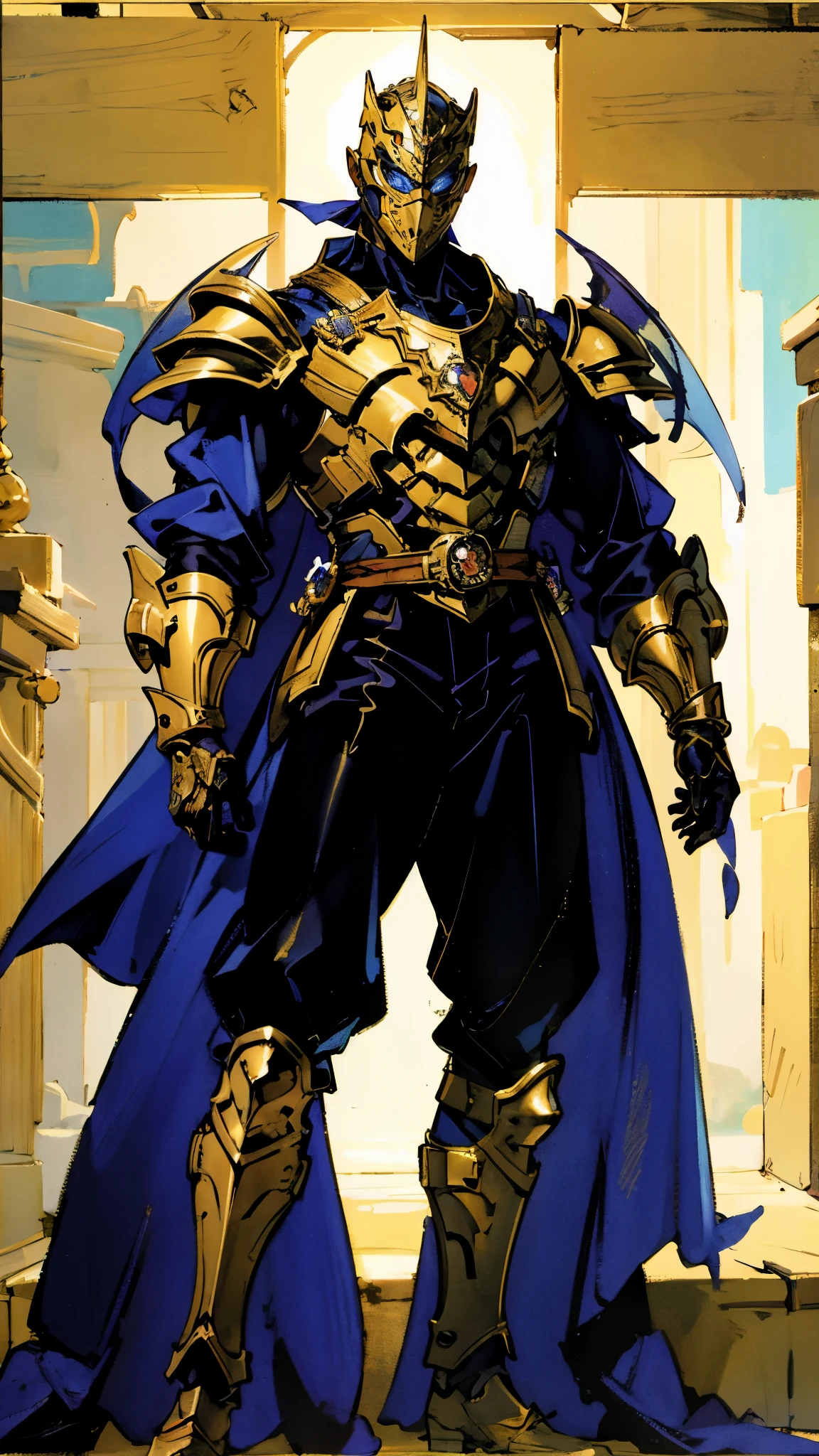 A man with short golden hair slicked back, his face entirely obscured by a Dynastinae concept mask, full mask, cold gaze, clad in an indigo blue fantasy-style Dynastinae concept chest plate, his arms and legs are clad in matching armor, he wears a white undershirt and trousers with golden stripes, standing within a magnificent fantasy-style palace, this character embodies a finely crafted fantasy-style masked light armor warrior in anime style, exquisite and mature manga art style, high definition, best quality, highres, ultra-detailed, ultra-fine painting, extremely delicate, professional, perfect body proportions, golden ratio, anatomically correct, symmetrical face, extremely detailed eyes and face, high quality eyes, creativity, RAW photo, UHD, 32k, Natural light, cinematic lighting, masterpiece-anatomy-perfect, masterpiece:1.5