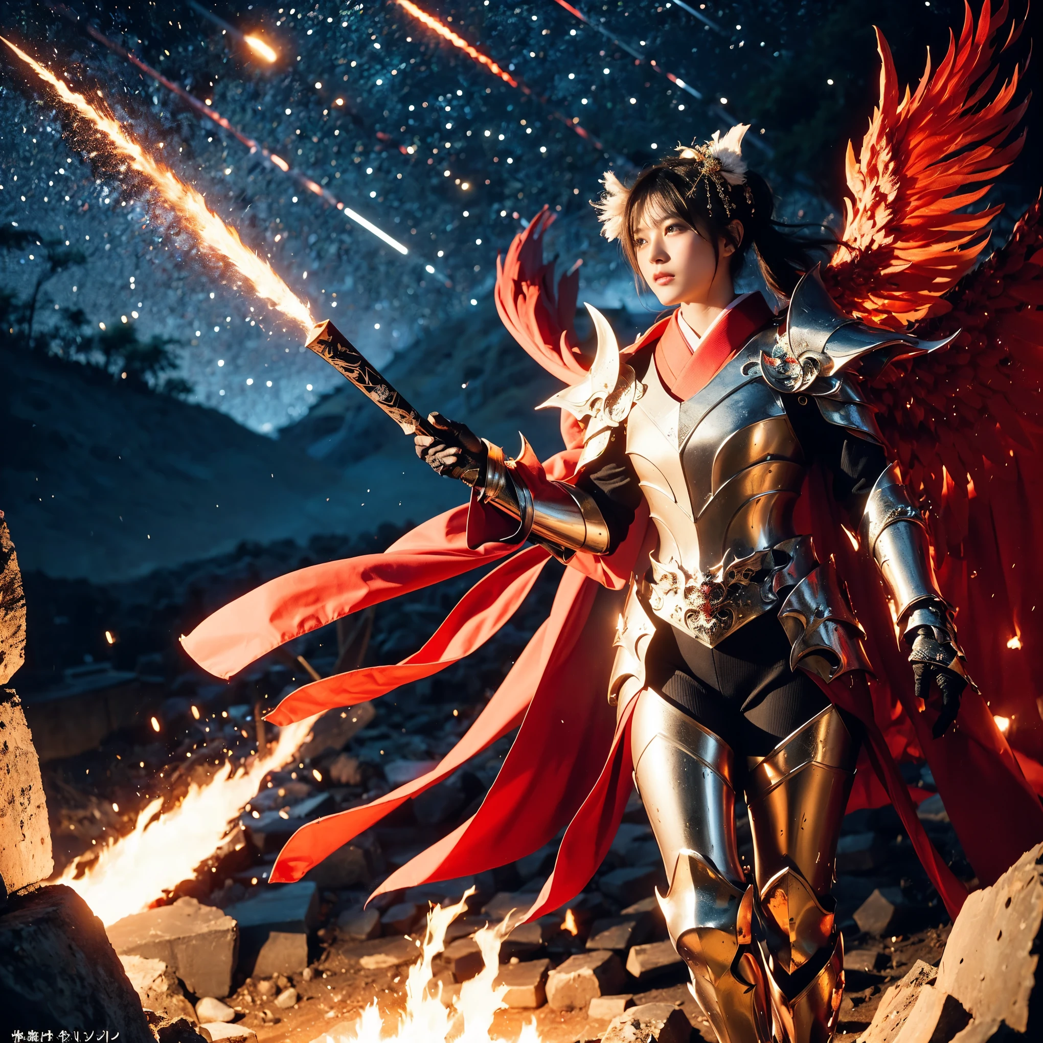 (((Realistic, masterpiece, best quality, crisp detail, high definition, high detail, very rich detail, sharp focus, sharp detail, colorful, rich color, perfect studio lightning))), ((20 years old, japanese goddess of fire, kasumi arimura)) in the molten lava flood, wearing (((beautiful decorated golden heavy armor, phoenix armor, phoenix pinions, decorated full body armor, fully armored beautiful kimono, wide phoenix fire wings, blue aura))), (flying, floating, offensive stance, hands of fire, fire swords, blood scattered face, blood tears, blood bath, blood shed), (((fire everywhere, blood everywhere, death everywhere, japan bakumatsu period, dead bodies,carcass,burned japanese castle,hellish,chaos, hell fire, exploding volcano, meteor shower)) burned traditional village background), shot from below