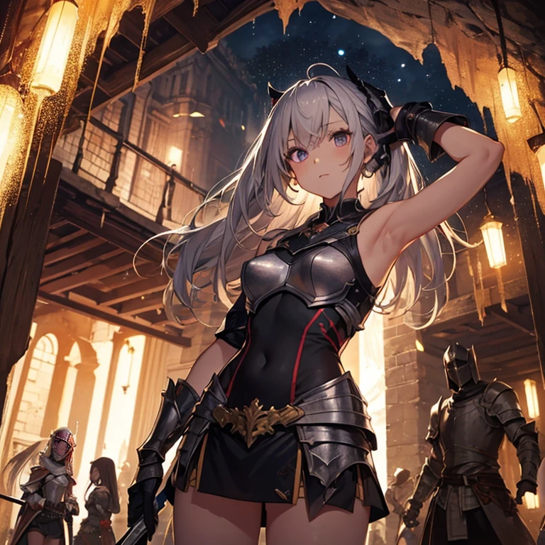 A group of young female knight, (inside dark cave), various hair styles, harem, wearing armored clothes, metal armor, night, details face, , short skirt, seducing, sword, sleeveless , showing armpits, midriff