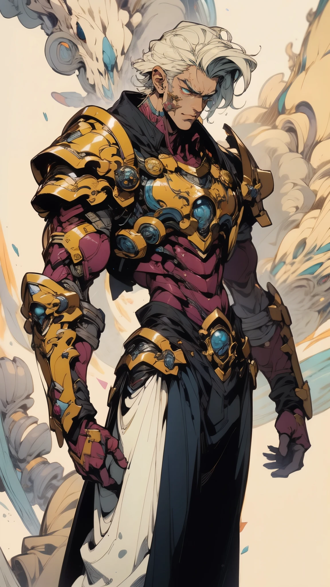 A man with short golden hair slicked back, his face entirely obscured by a Dynastinae concept mask, full mask, cold gaze, clad in an indigo blue fantasy-style Dynastinae concept chest plate, his arms and legs are clad in matching armor, he wears a white undershirt and trousers with golden stripes, standing within a magnificent fantasy-style palace, this character embodies a finely crafted fantasy-style masked light armor warrior in anime style, exquisite and mature manga art style, high definition, best quality, highres, ultra-detailed, ultra-fine painting, extremely delicate, professional, perfect body proportions, golden ratio, anatomically correct, symmetrical face, extremely detailed eyes and face, high quality eyes, creativity, RAW photo, UHD, 32k, Natural light, cinematic lighting, masterpiece-anatomy-perfect, masterpiece:1.5