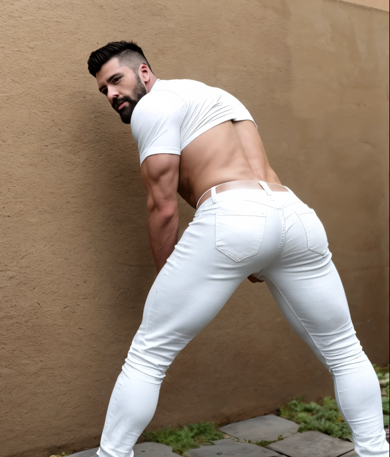  male, vaquero musculoso,  rostro, realista, foto cuerpo completo con white jeans, barba corta. Melendi backside bent over