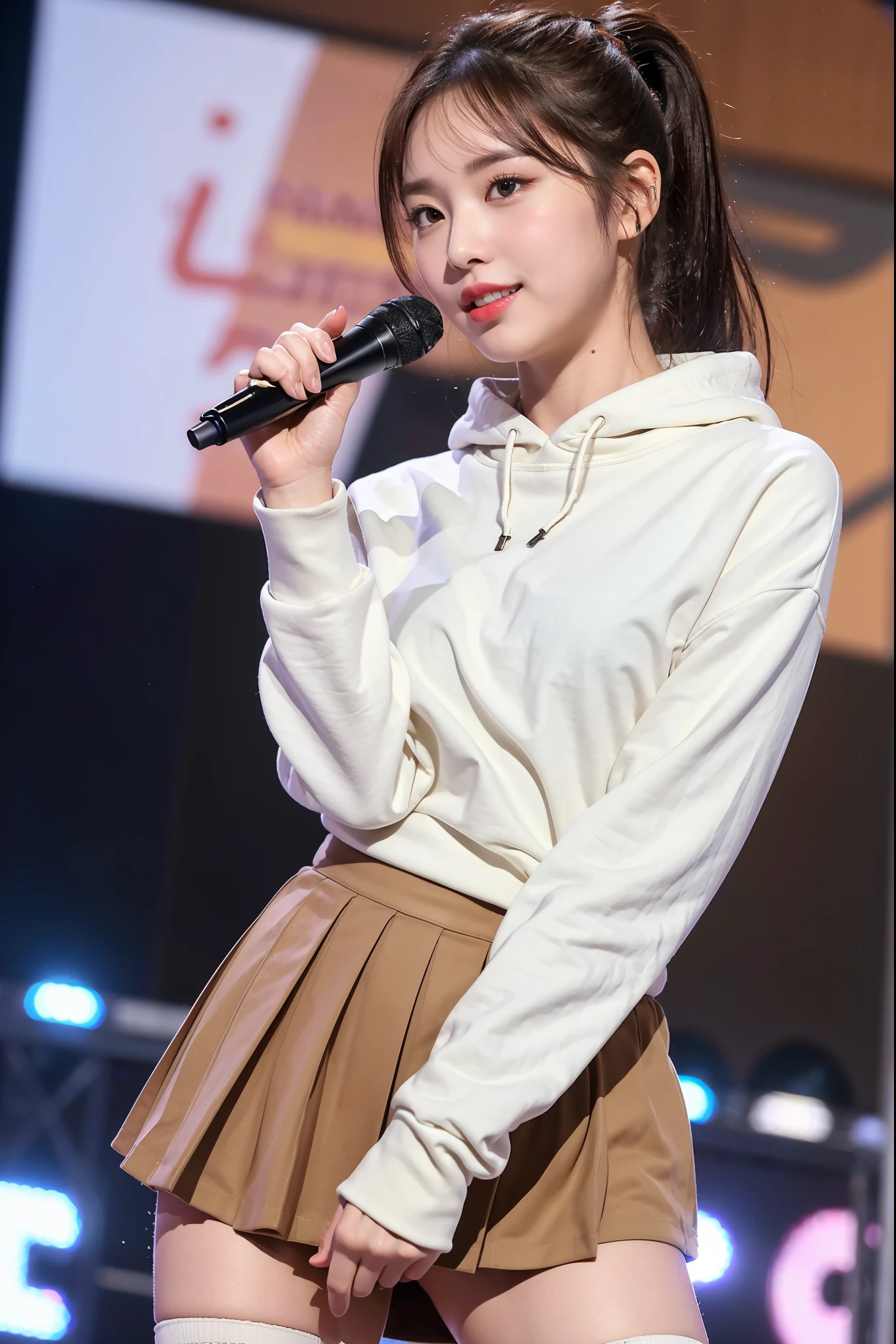 (8K), (highest quality: 1.2), (realistic), (realistic: 1.47), ultra high resolution, 1 girl, cute, smile, closed mouth, (thick lips:1.2),red lip,(Purse your mouth),beautiful details, beautiful nose,(Straight brown hair),(With a black ribbon on her head),(ponytail hair),Standing on the concert stage,hold the microphone in your right hand,Bend your elbows and raise your hands,(White oversized,Long length,sweatshirt:1.2),(Khaki brown pleated micro mini skirt:1.1),The length of the sweatshirt is long,(Close up on wet thighs:1.2),(knees),(black socks:1.1),(super low angle:1.2),(medium shot),