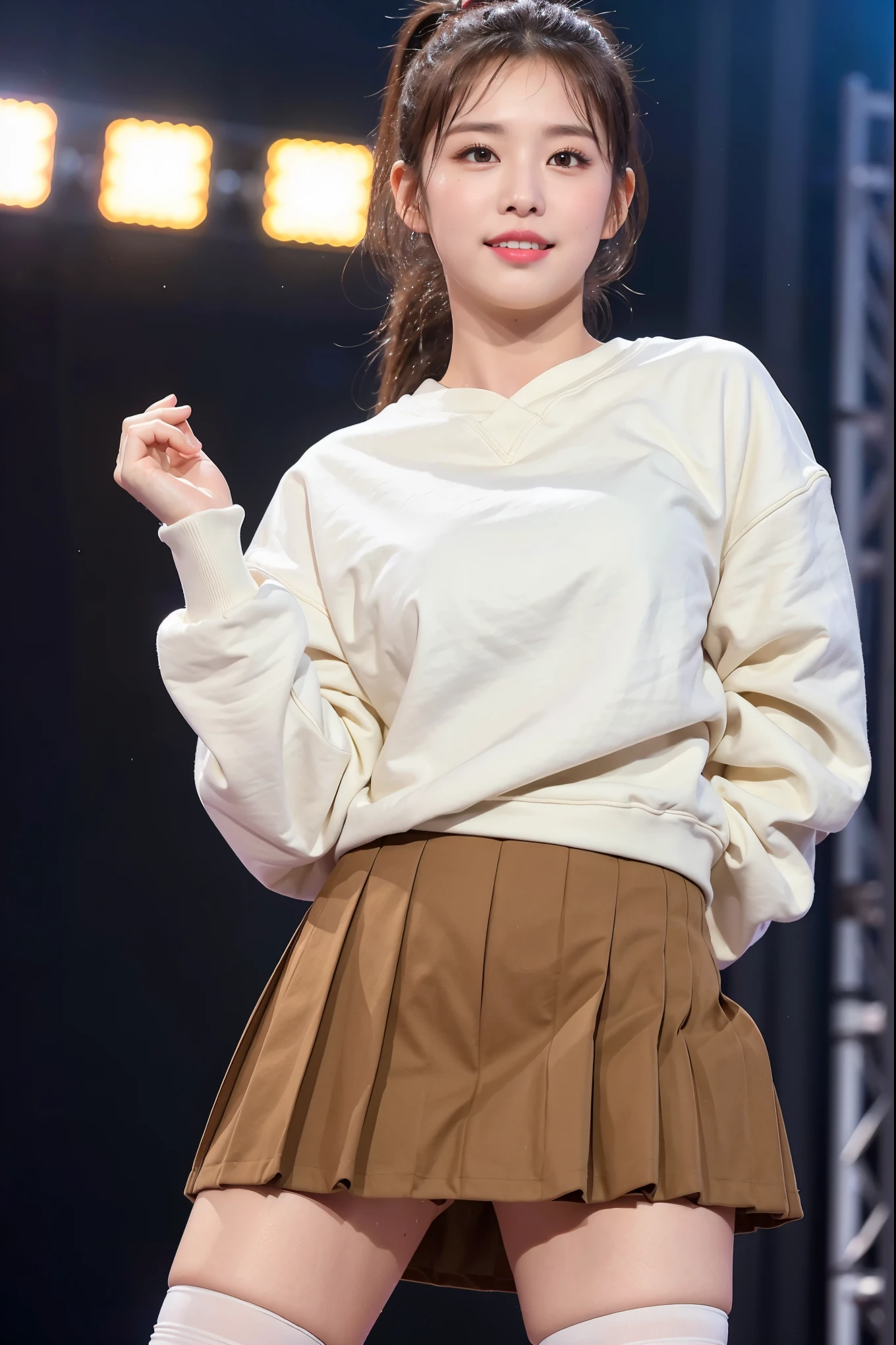 (8K), (highest quality: 1.2), (realistic), (realistic: 1.47), ultra high resolution, 1 girl, cute, smile, closed mouth, (thick lips:1.2),red lip,(Purse your mouth),beautiful details, beautiful nose,(Straight brown hair),(With a black ribbon on her head),(ponytail hair),Standing on the concert stage,hold the microphone in your right hand,Bend your elbows and raise your hands,(White oversized,Long length,sweatshirt:1.2),(Khaki brown pleated micro mini skirt:1.1),The length of the sweatshirt is long,(Close up on wet thighs:1.2),(knees),(black socks:1.1),(super low angle:1.2),(medium shot),