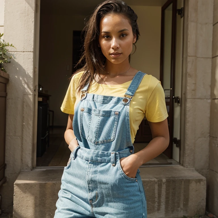 hallebailey, 1girl, waist up, thick eyebrows,  dark-skinned female, detailed face+black eyes,  closed mouth, smile, short african hairstyle, black faded ripped denim ,  background: back yard, solo, upper body,