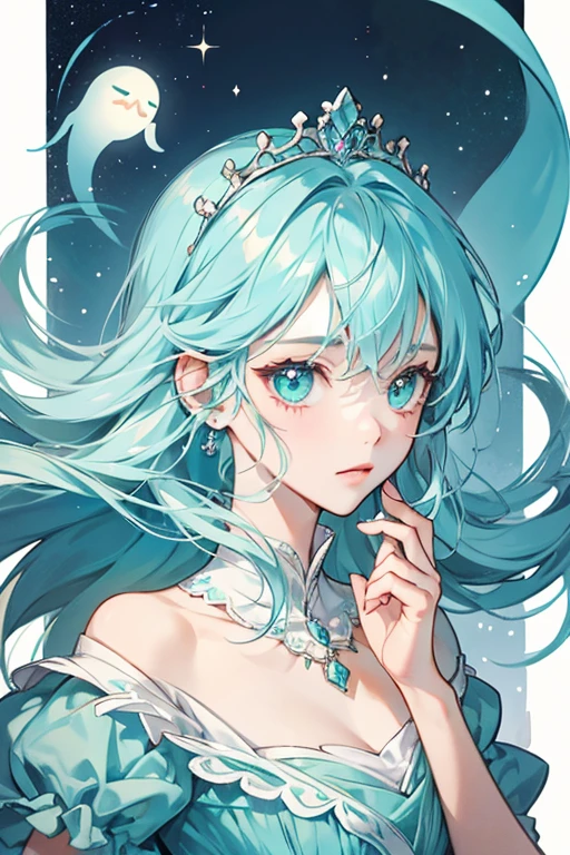 She is transparent,[1] light blue in color, and wears a floating tiara with a green gem. Upon close inspection, the dress she wears is actually attached to her head. Her overall appearance is much like that of a traditional "floating sheet" ghost, and similar to Raggedy Princess' appearance. She has unusual eyes compared to most Adventure Time characters, having pupils. SPARKLE; GLITTER