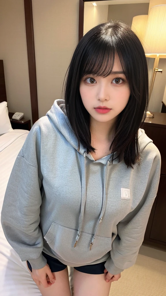 muste piece, best quality, illustration, Super detailed, fine details, High resolution, 8K,wall paper, perfect dynamic composition,(Details High quality, realistic depiction of eyes:1.3), (Oversized Light Gray Hoodie:1.2), Shorts, big brt bob hair、black hair color, Big Natural Color Lip, bold sexy pose, (perfebody shape), crying a little、cold gaze, Harajuku style、20 year old girl、cute type、lolita、beautiful legel room, gravure idol
