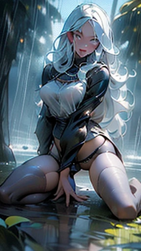 obra de arte,mais alta qualidade,nsfw,Blusa, saia plissada,rabo de cavalo lateral,vaginal,sex,pov,na cama,(nas costas),vestido,(olhos meio fechados),dona de casa,teeth clenched in panties and bra, full body wet with rain